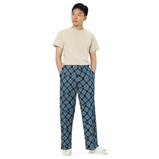 Blue and teal plaid wide-leg pants with geometric pattern