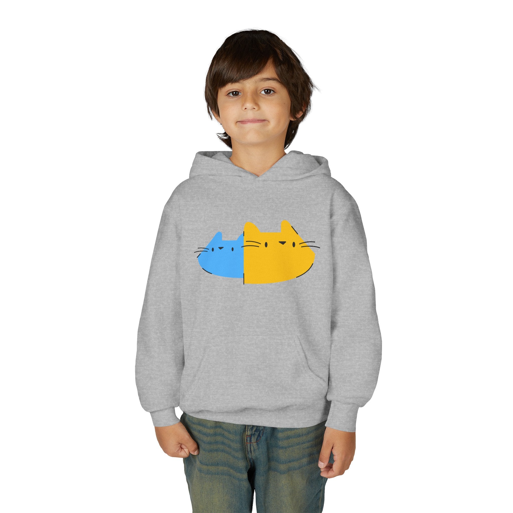 Youth Hoodie — Cute Half-Blue Half-Yellow Cat Graphic