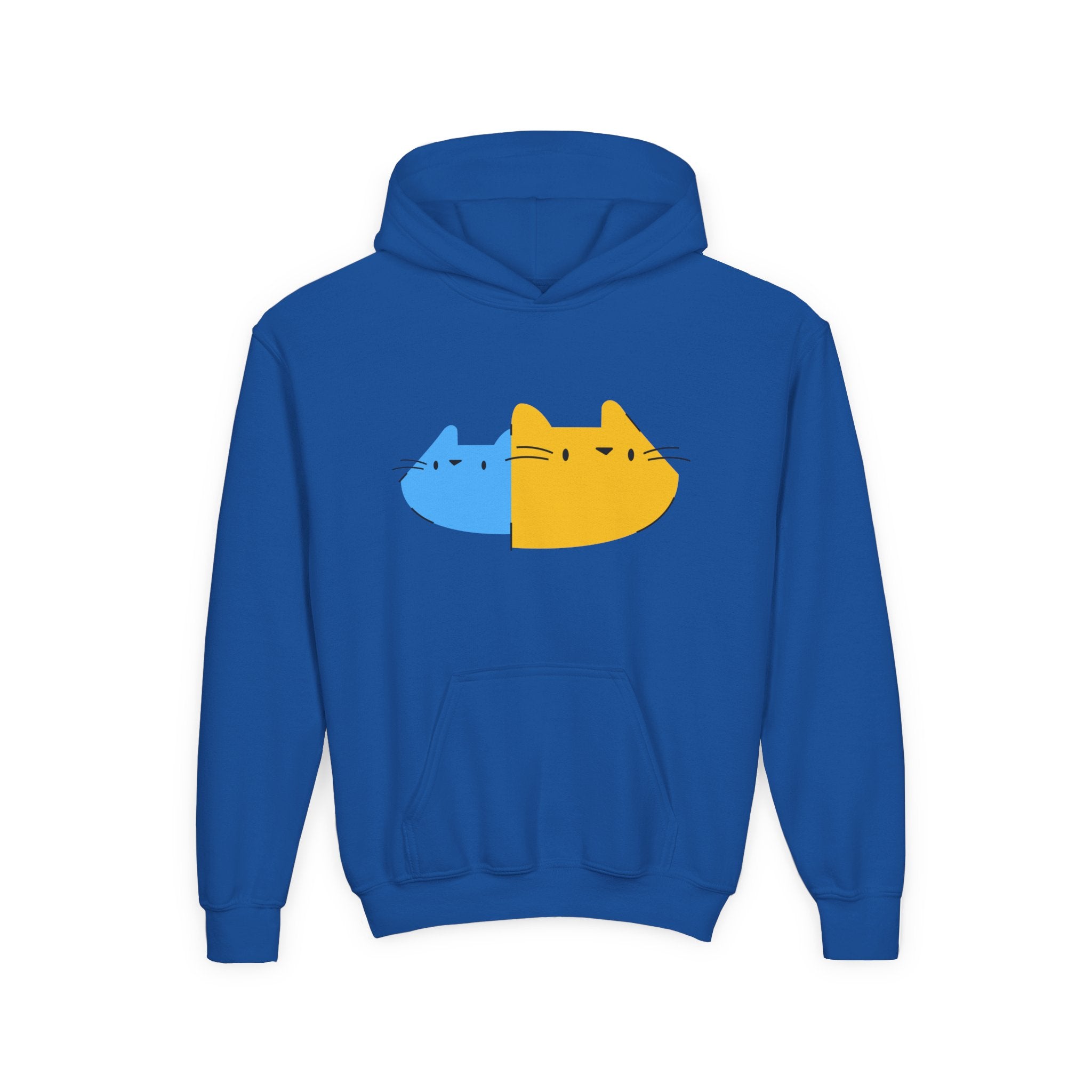 Youth Hoodie — Cute Half-Blue Half-Yellow Cat Graphic