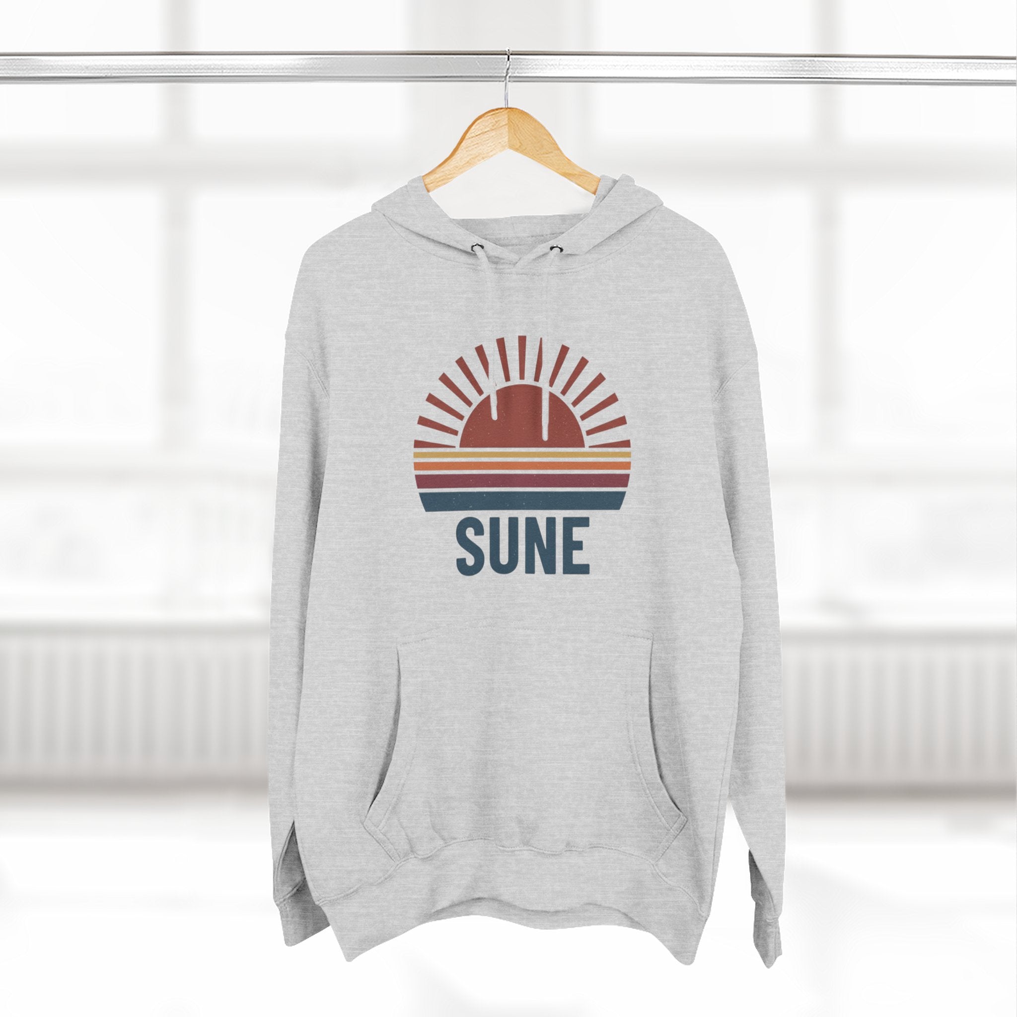 Retro Sunrise 'SUNE' Graphic Hoodie — Vintage Striped Sun Pullover