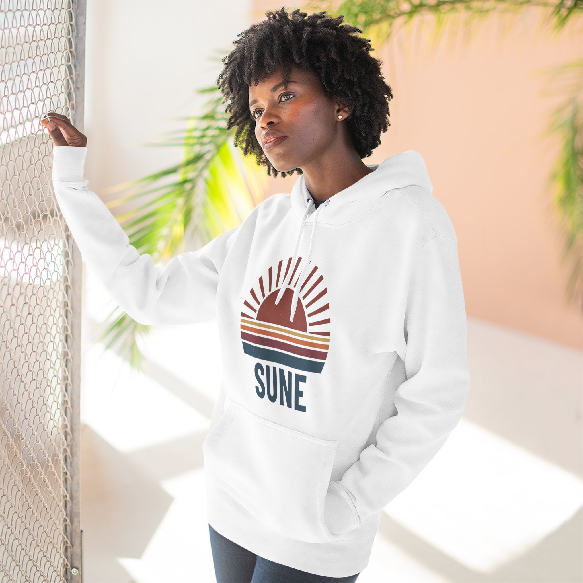 Retro Sunrise 'SUNE' Graphic Hoodie — Vintage Striped Sun Pullover