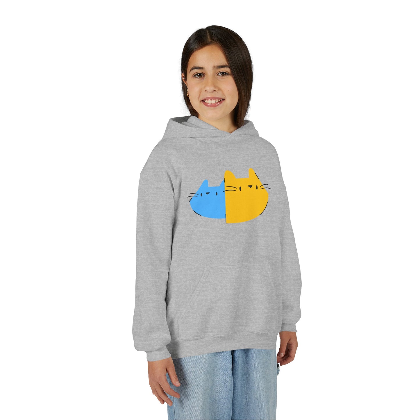 Youth Hoodie — Cute Half-Blue Half-Yellow Cat Graphic