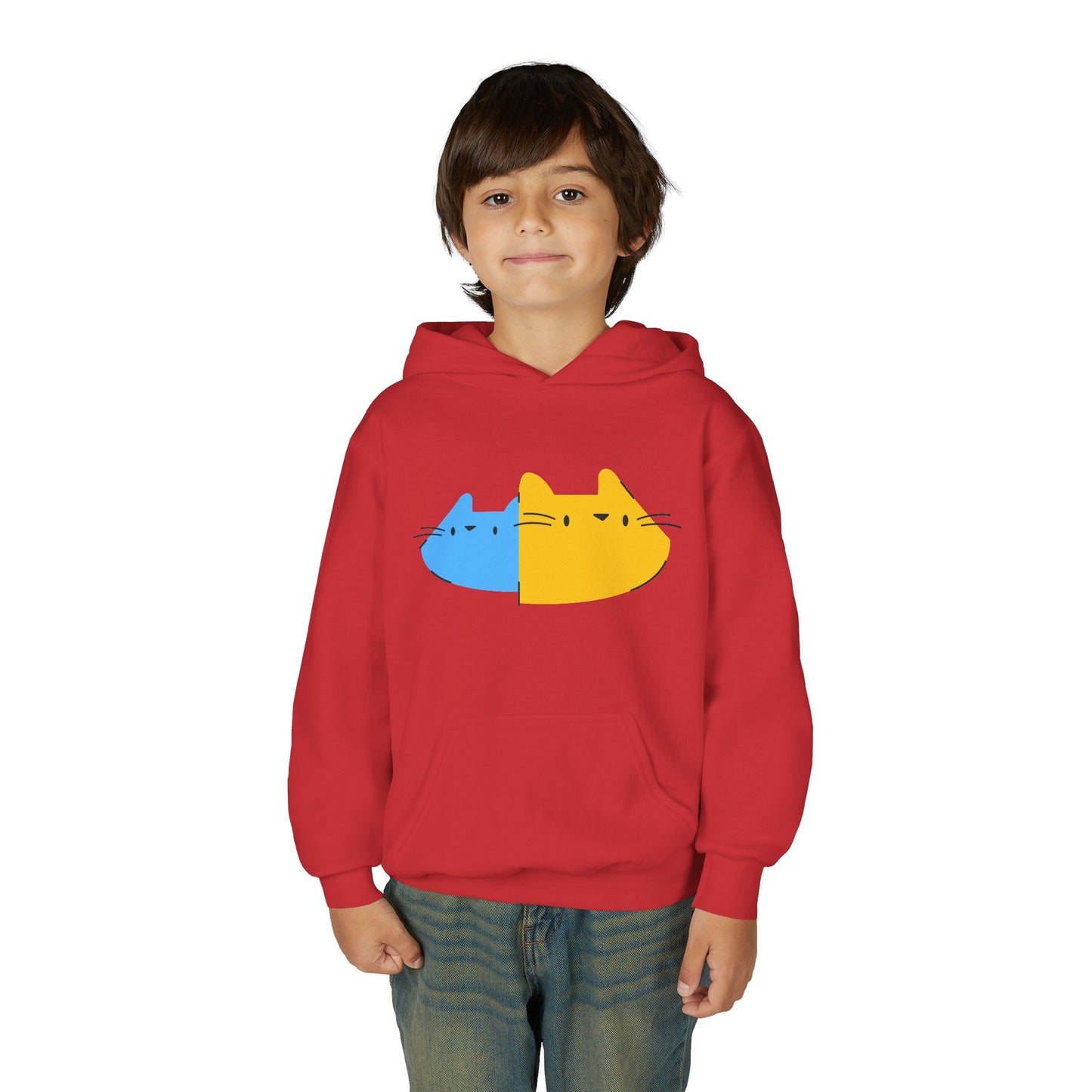 Youth Hoodie — Cute Half-Blue Half-Yellow Cat Graphic