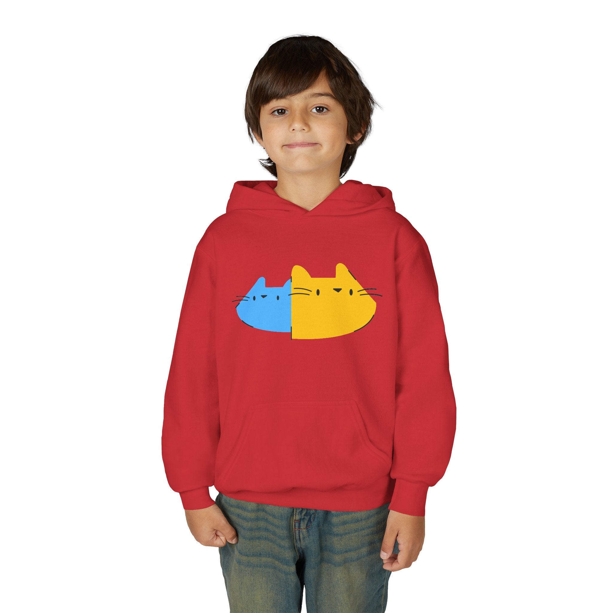 Youth Hoodie — Cute Half-Blue Half-Yellow Cat Graphic