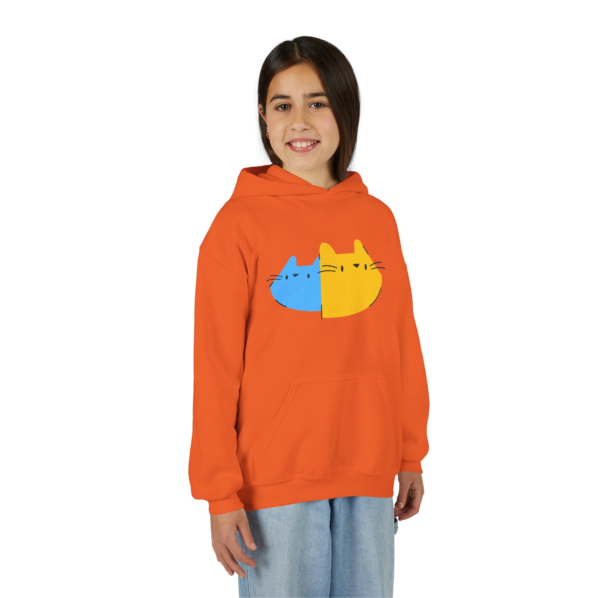 Youth Hoodie — Cute Half-Blue Half-Yellow Cat Graphic