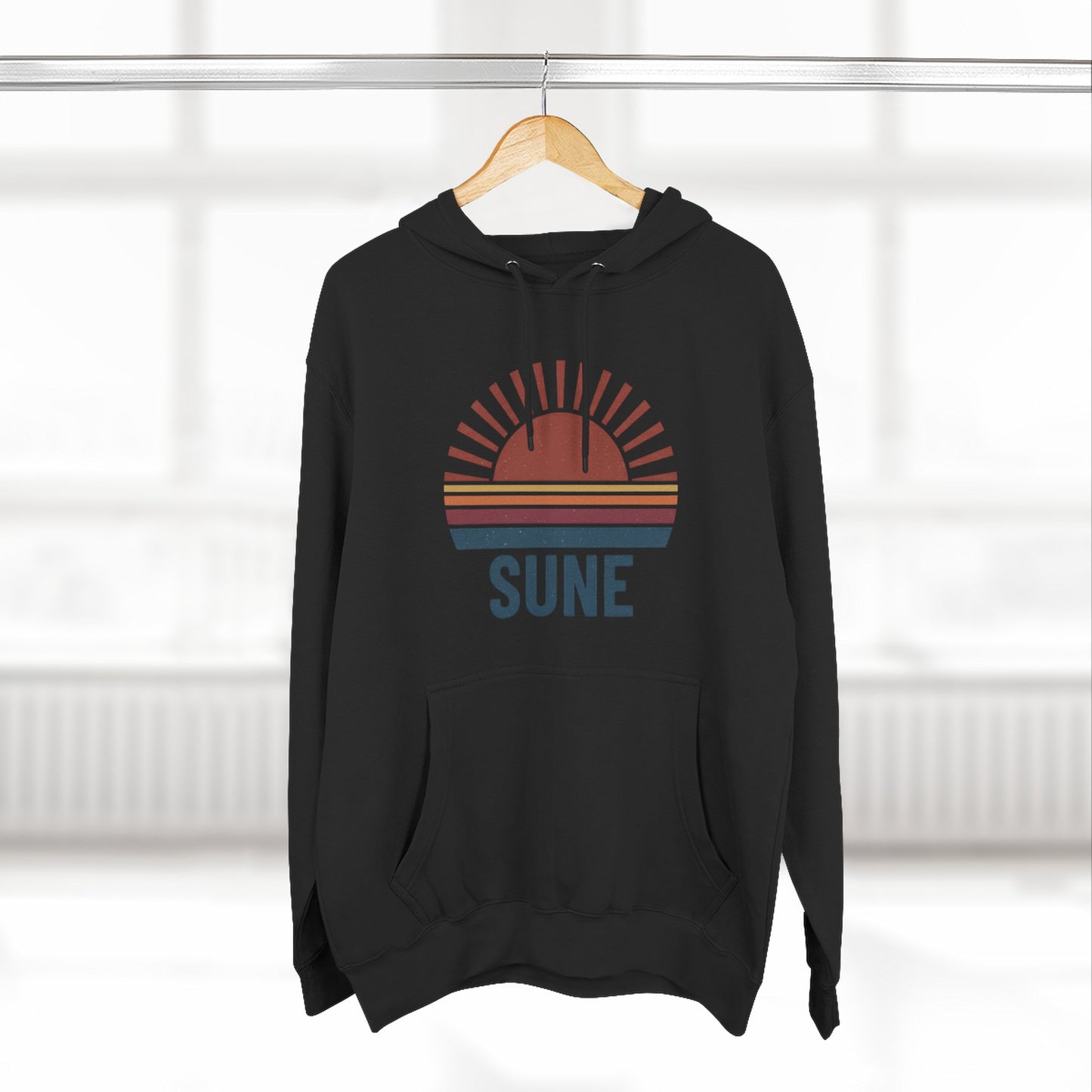Retro Sunrise 'SUNE' Graphic Hoodie — Vintage Striped Sun Pullover