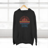 Retro Sunrise 'SUNE' Graphic Hoodie — Vintage Striped Sun Pullover