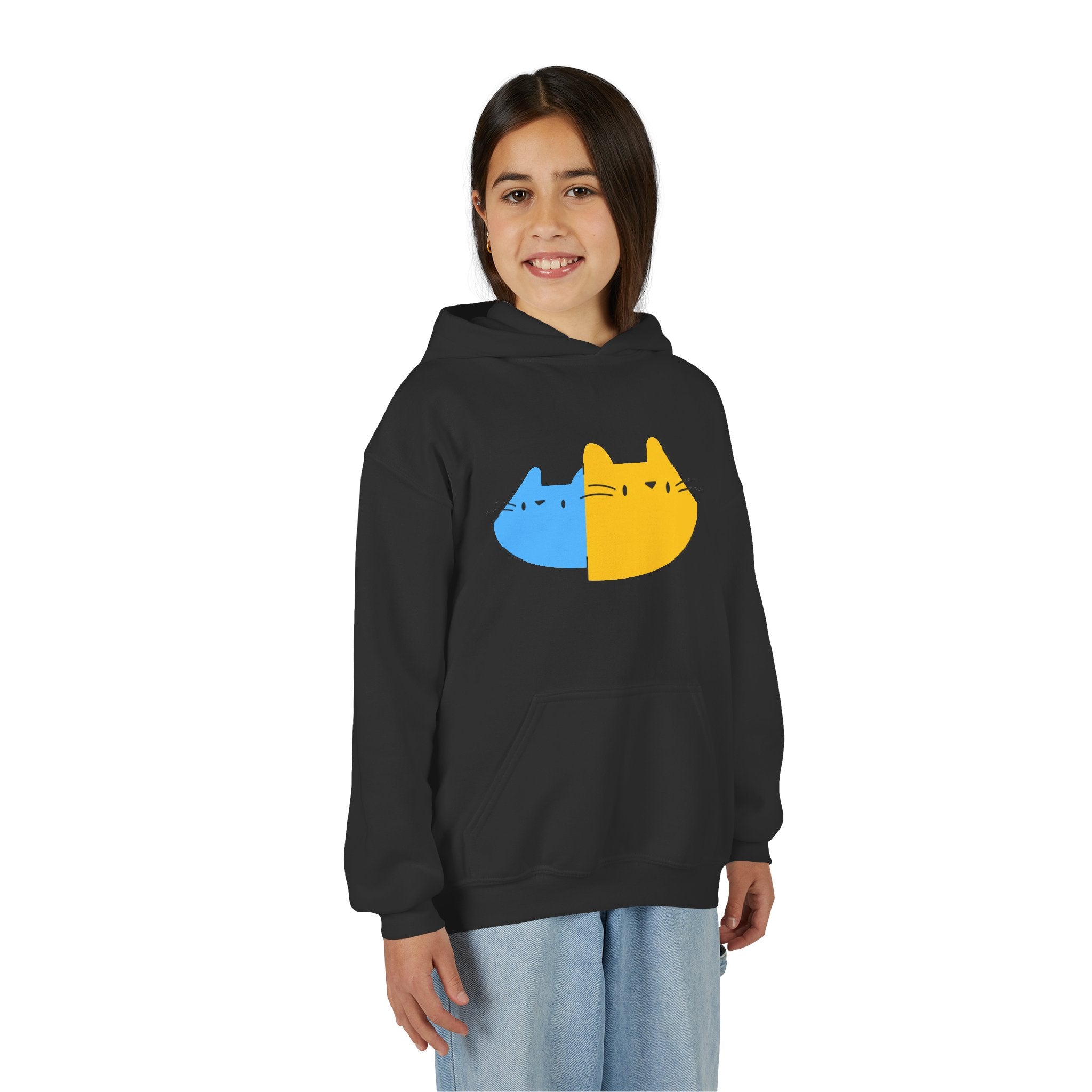 Youth Hoodie — Cute Half-Blue Half-Yellow Cat Graphic