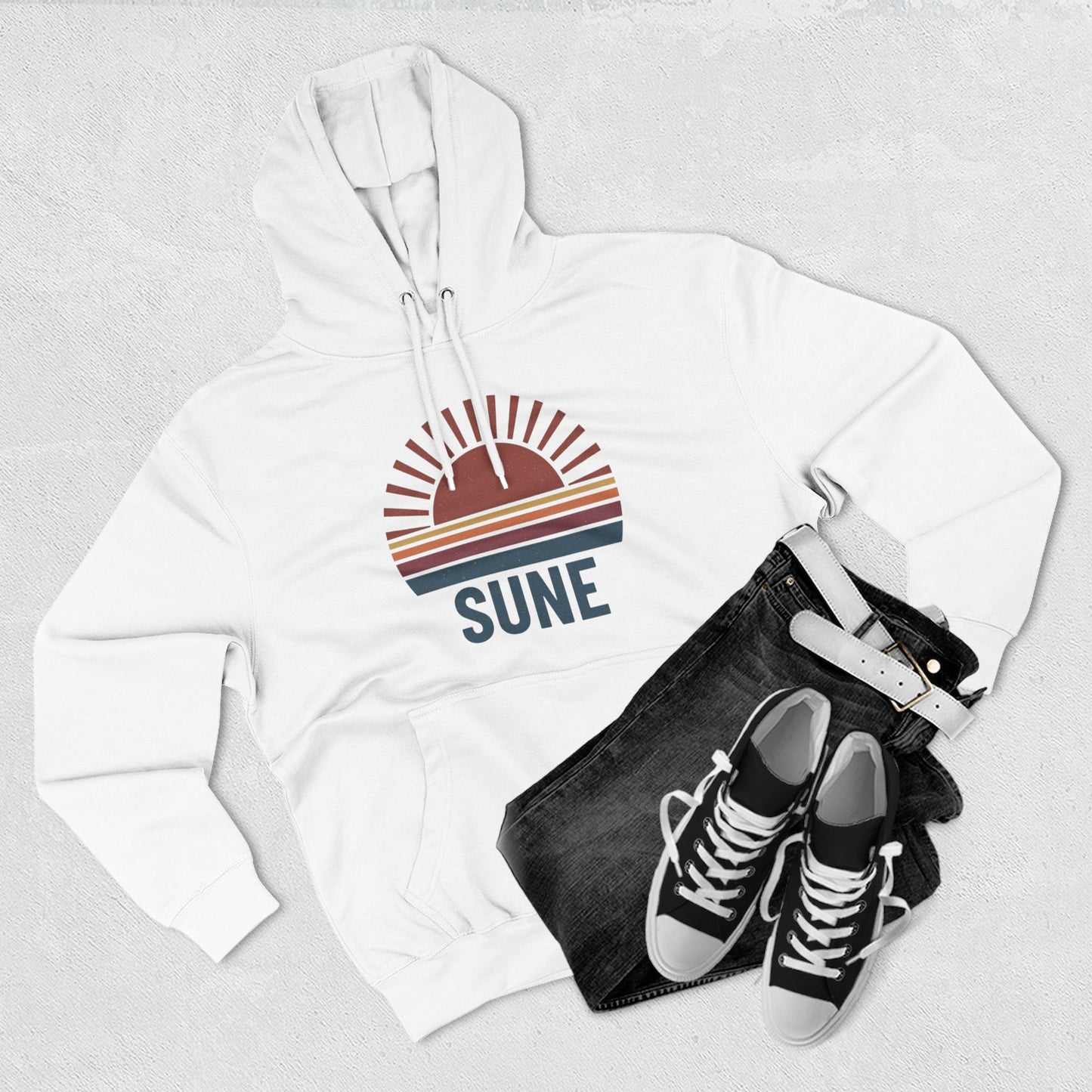 Retro Sunrise 'SUNE' Graphic Hoodie — Vintage Striped Sun Pullover