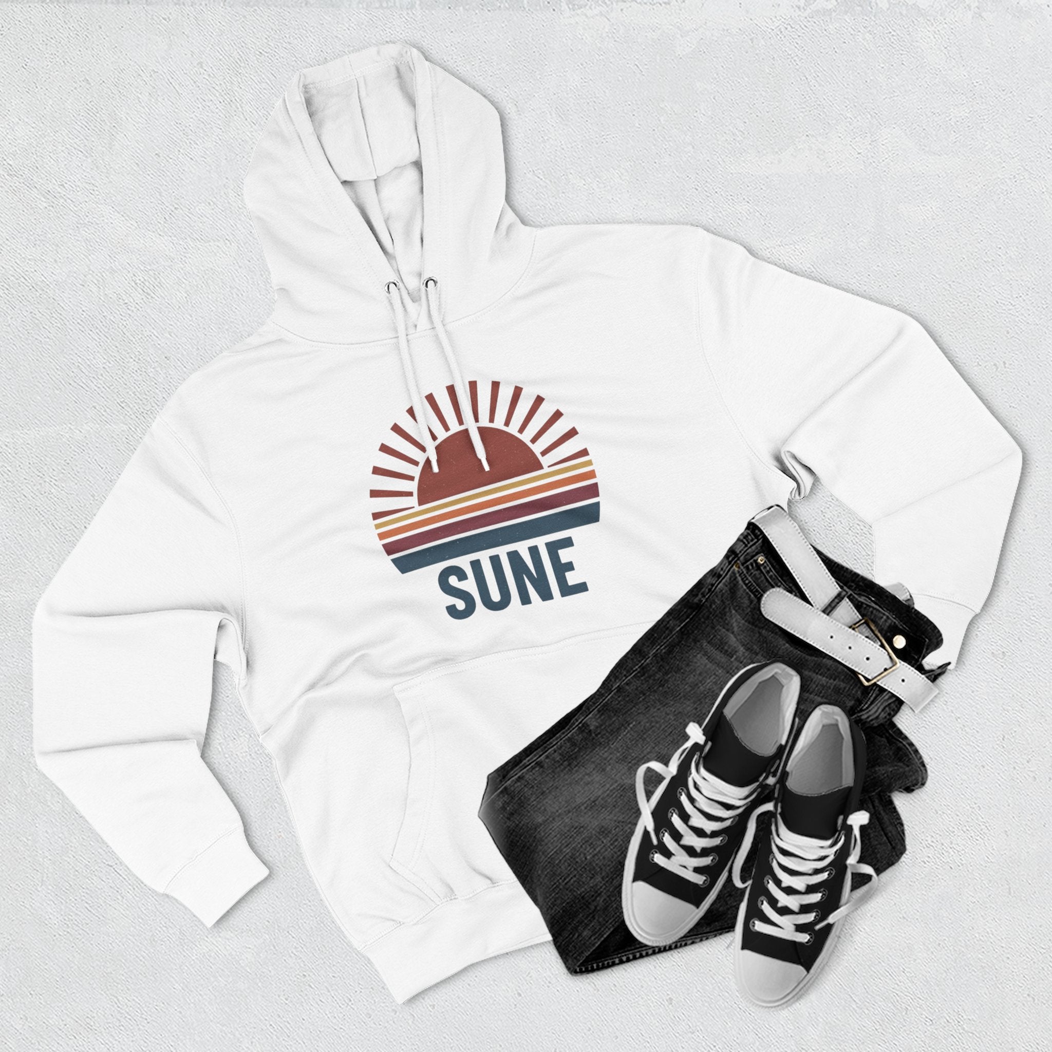 Retro Sunrise 'SUNE' Graphic Hoodie — Vintage Striped Sun Pullover