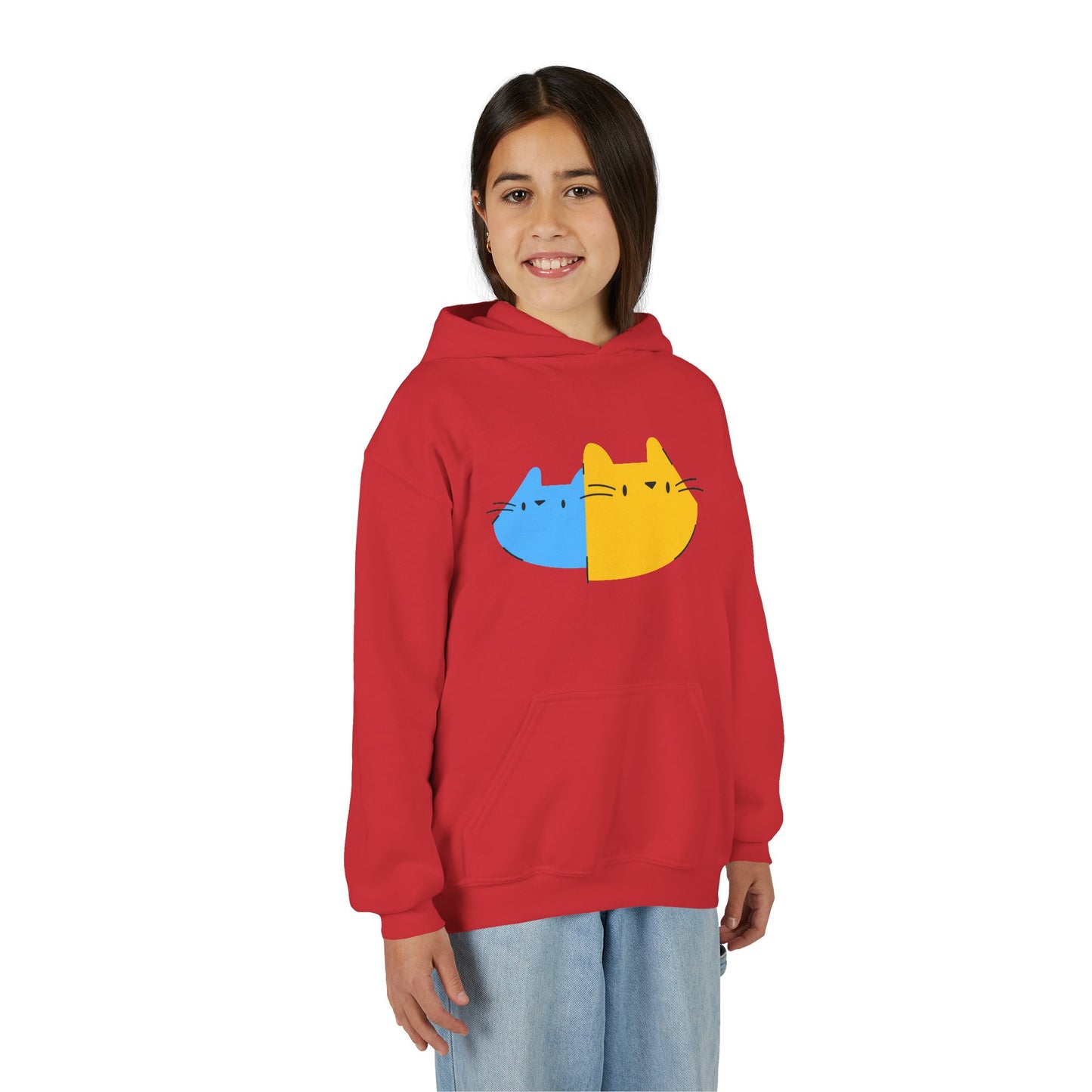 Youth Hoodie — Cute Half-Blue Half-Yellow Cat Graphic