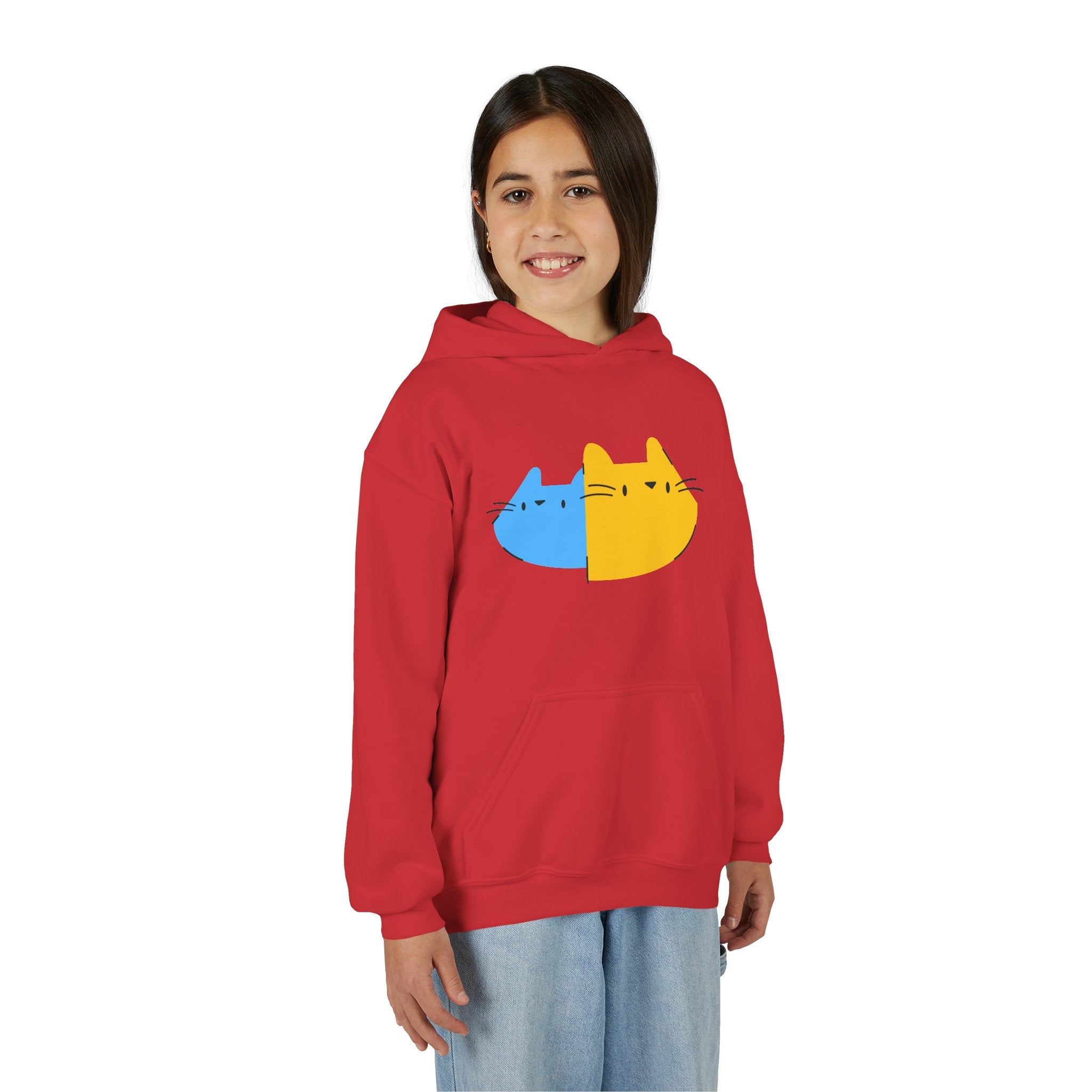Youth Hoodie — Cute Half-Blue Half-Yellow Cat Graphic