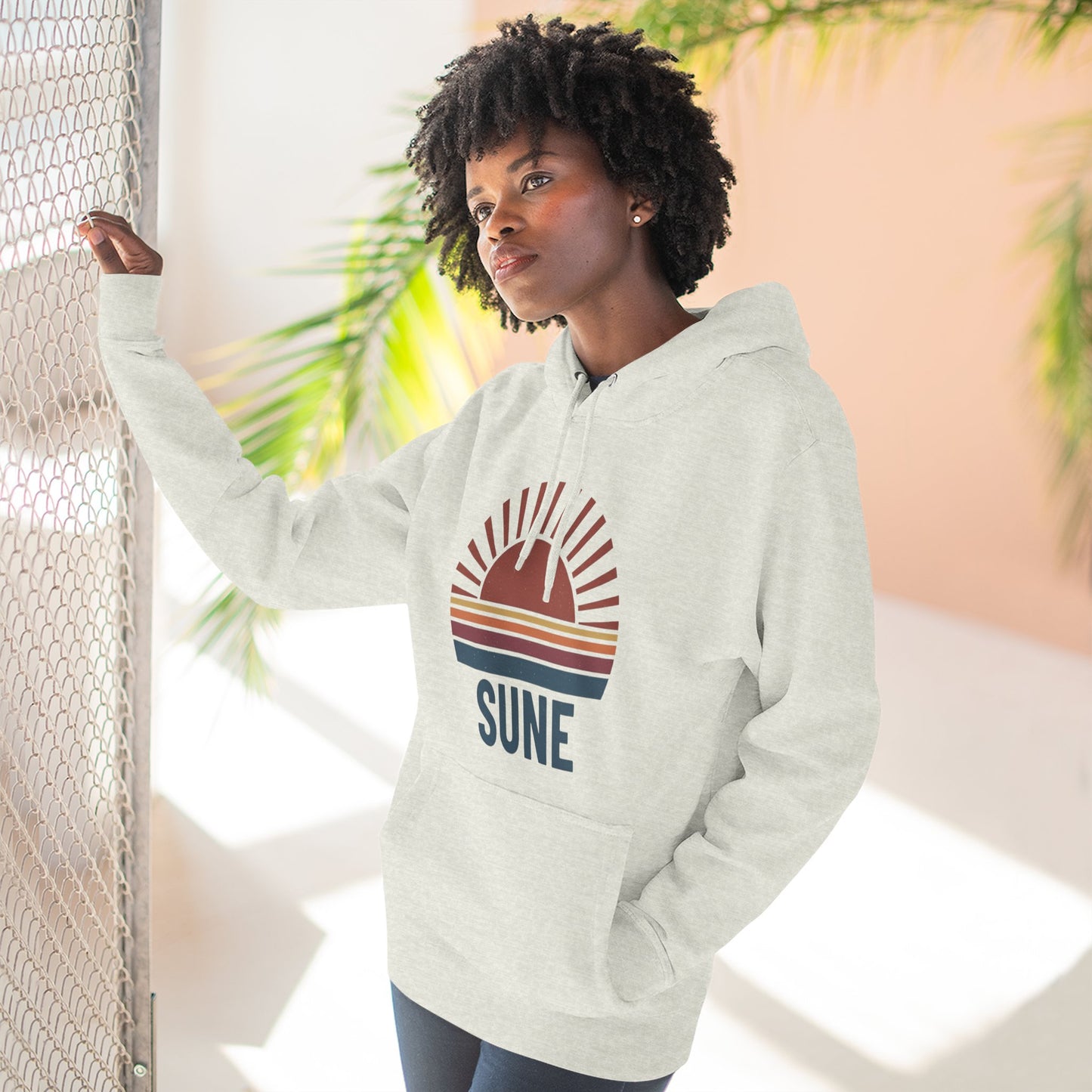 Retro Sunrise 'SUNE' Graphic Hoodie — Vintage Striped Sun Pullover