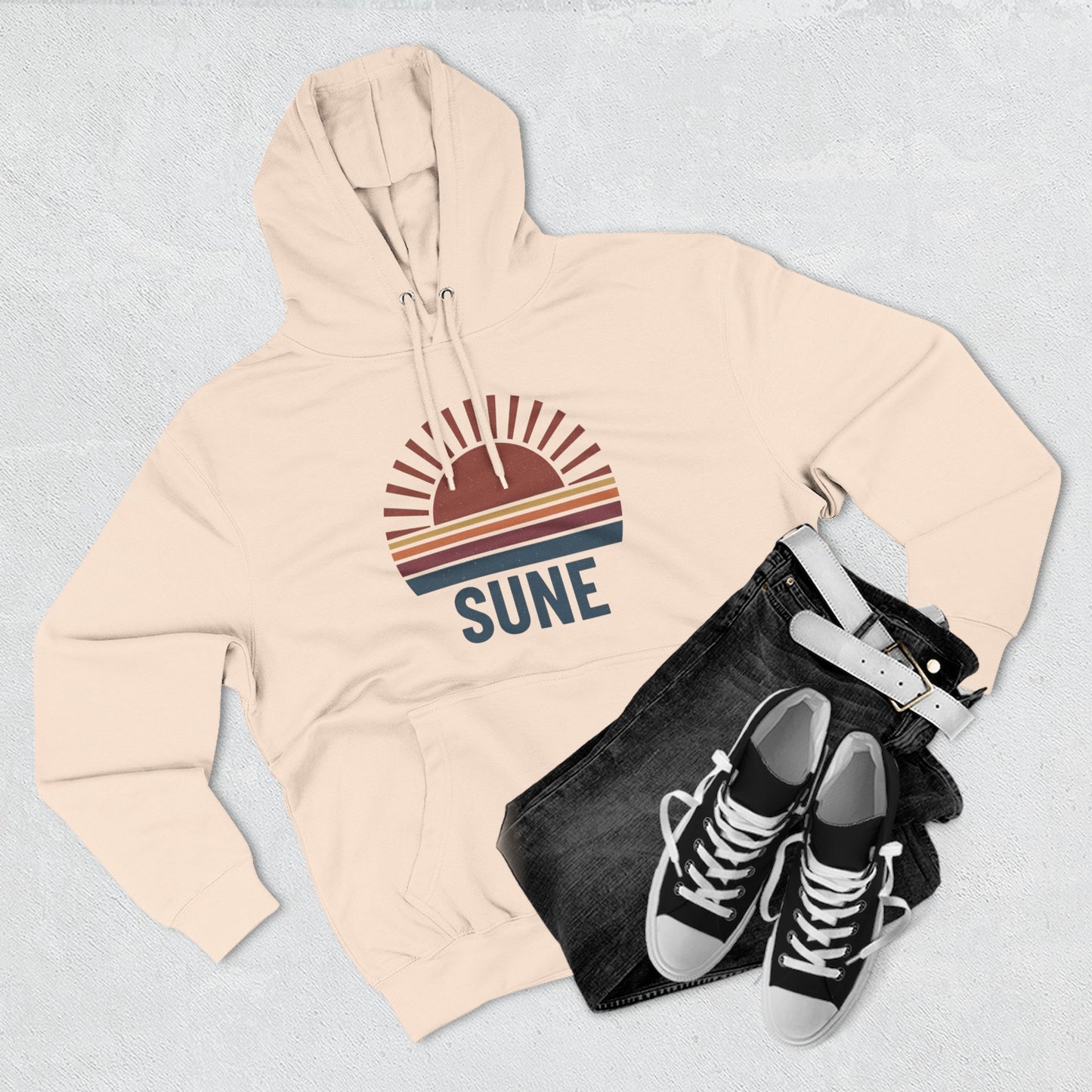 Retro Sunrise 'SUNE' Graphic Hoodie — Vintage Striped Sun Pullover