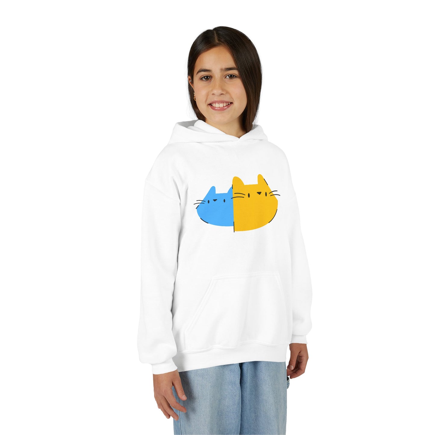 Youth Hoodie — Cute Half-Blue Half-Yellow Cat Graphic