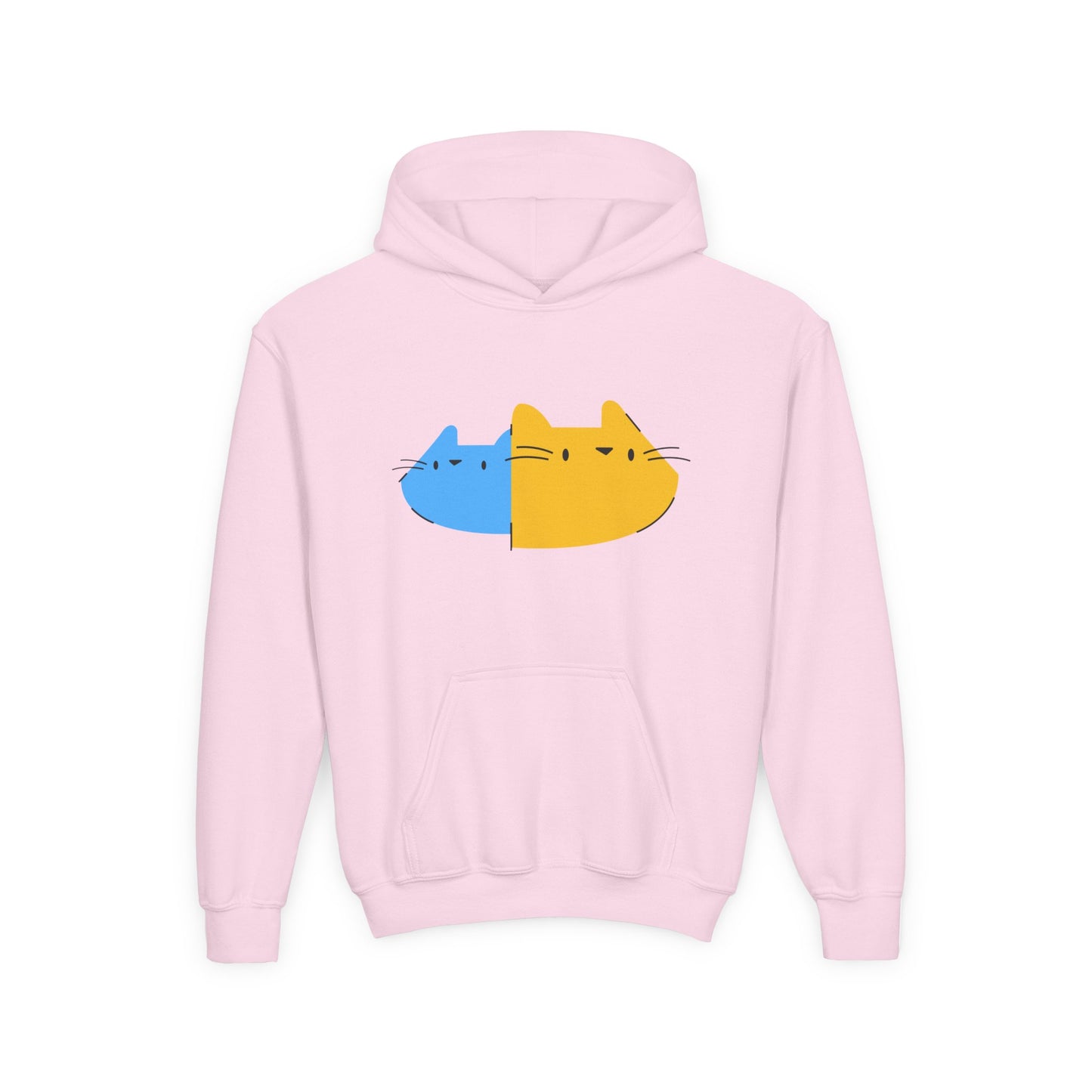 Youth Hoodie — Cute Half-Blue Half-Yellow Cat Graphic