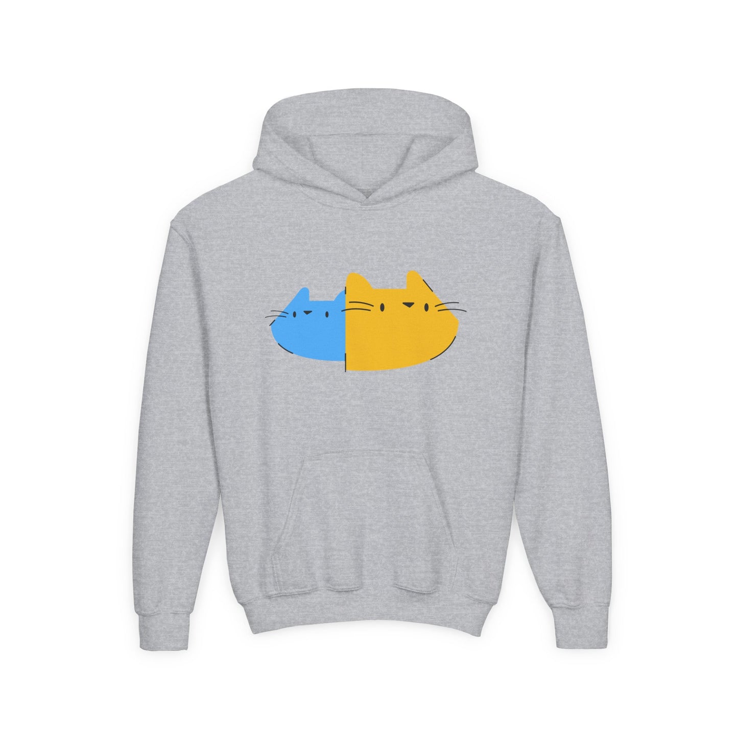 Youth Hoodie — Cute Half-Blue Half-Yellow Cat Graphic