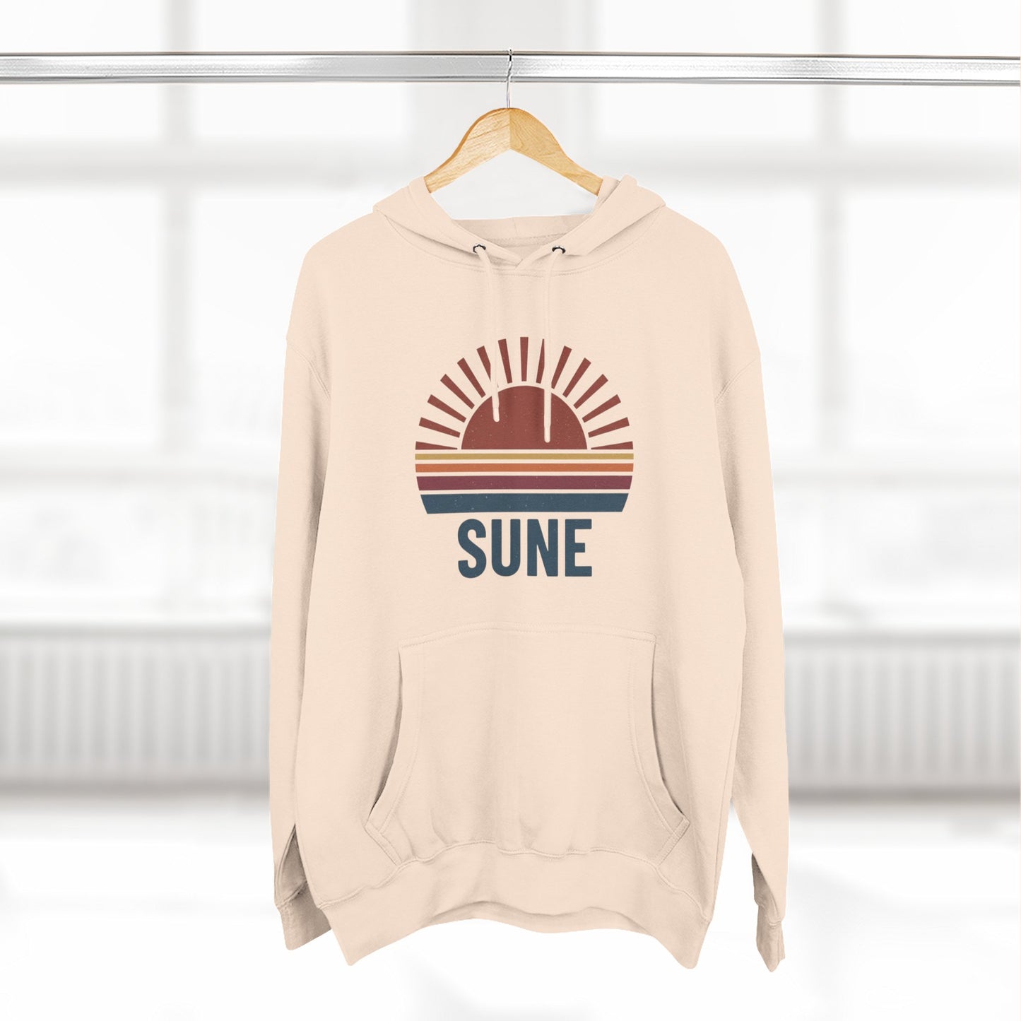 Retro Sunrise 'SUNE' Graphic Hoodie — Vintage Striped Sun Pullover