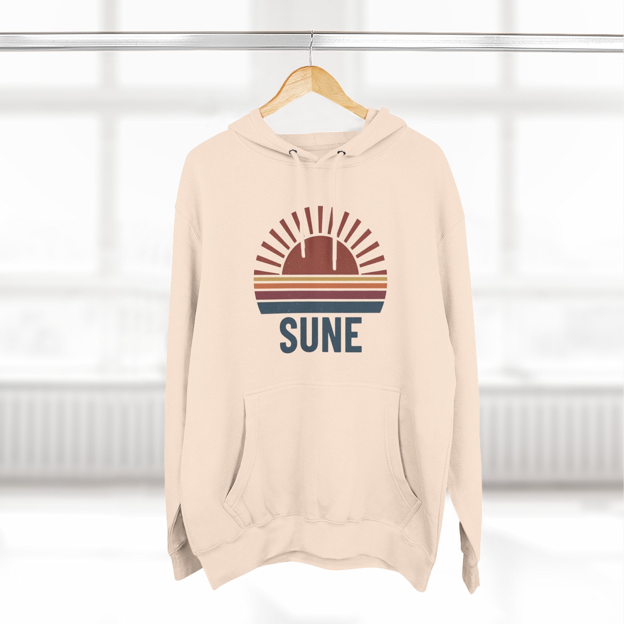 Retro Sunrise 'SUNE' Graphic Hoodie — Vintage Striped Sun Pullover