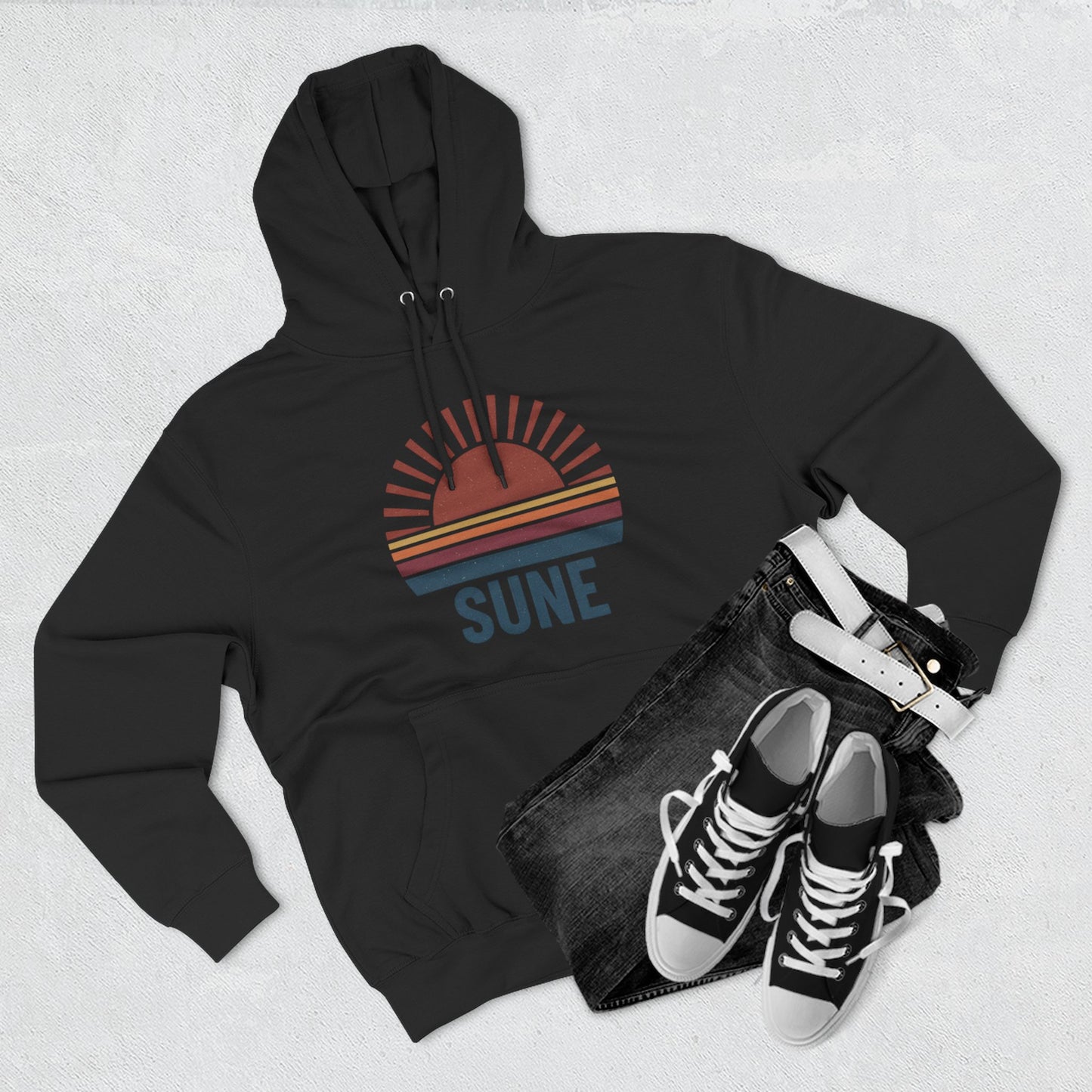 Retro Sunrise 'SUNE' Graphic Hoodie — Vintage Striped Sun Pullover