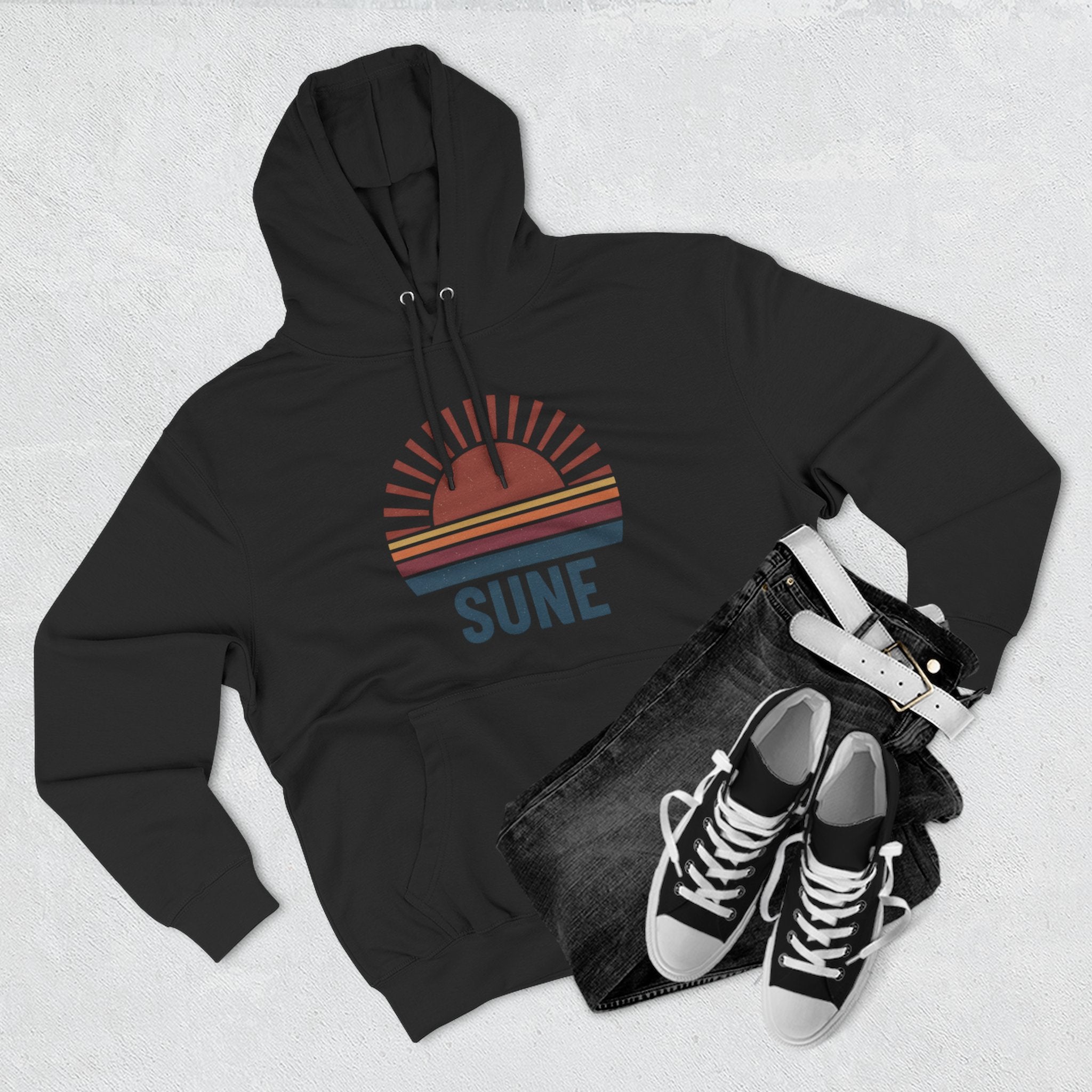 Retro Sunrise 'SUNE' Graphic Hoodie — Vintage Striped Sun Pullover
