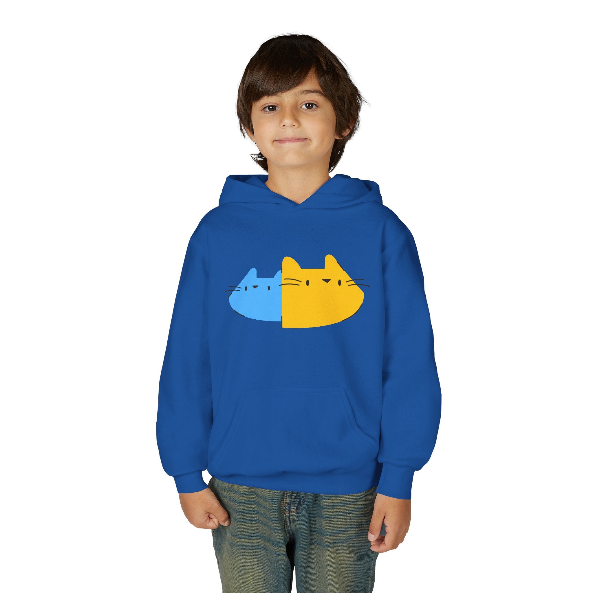 Youth Hoodie — Cute Half-Blue Half-Yellow Cat Graphic