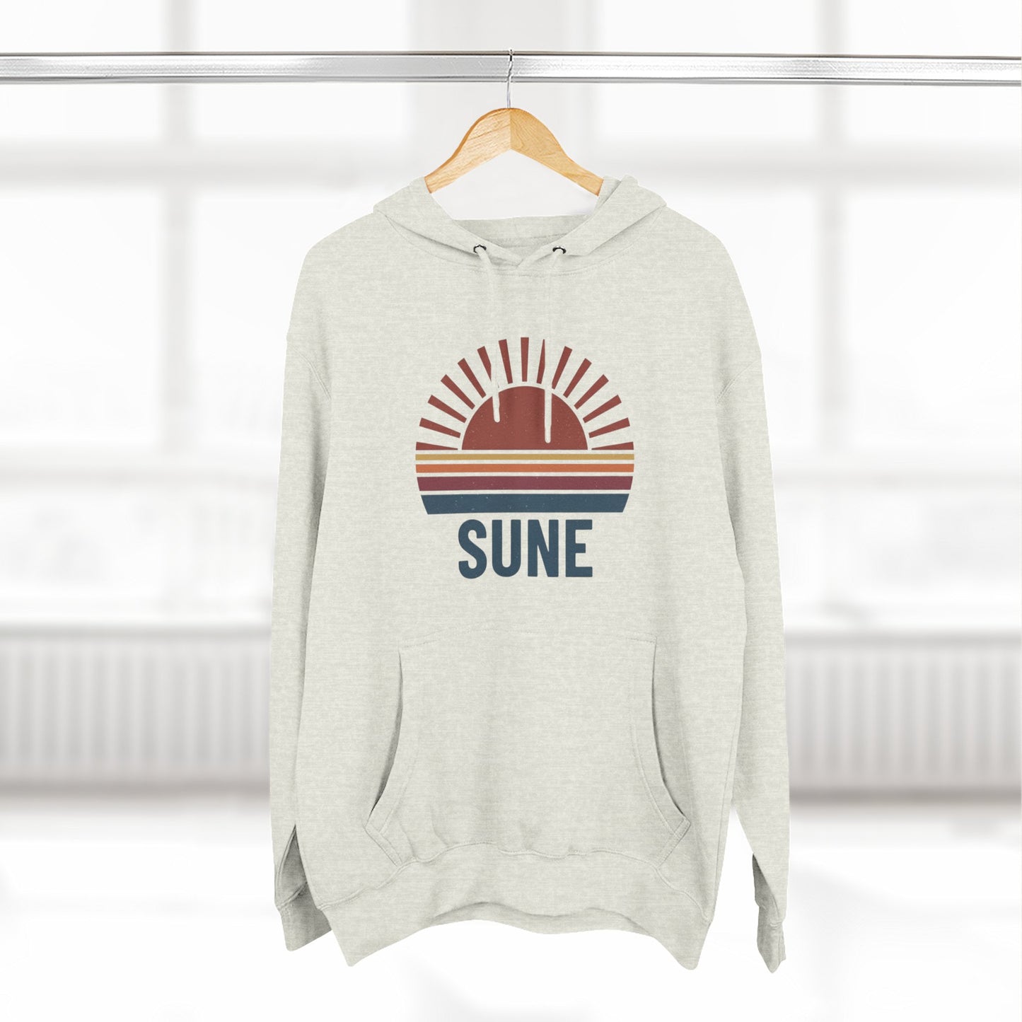 Retro Sunrise 'SUNE' Graphic Hoodie — Vintage Striped Sun Pullover