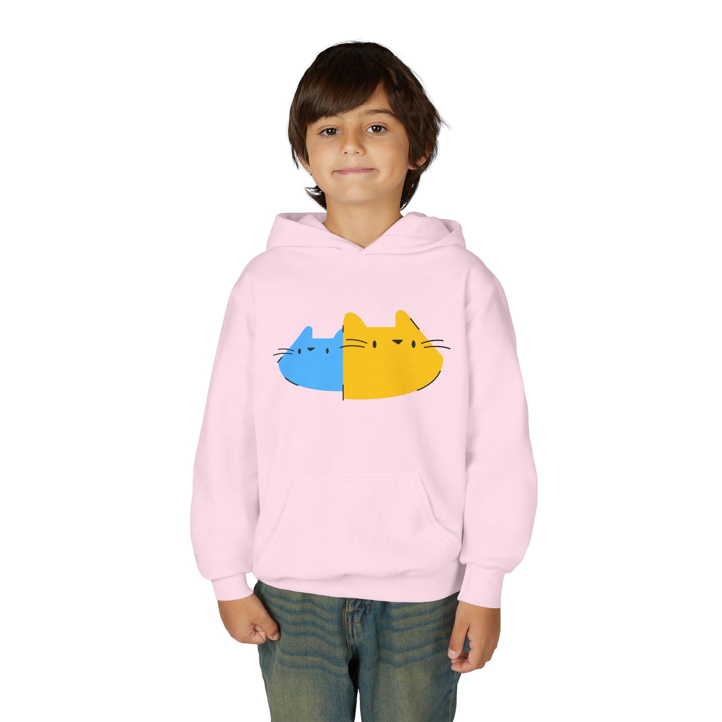 Youth Hoodie — Cute Half-Blue Half-Yellow Cat Graphic