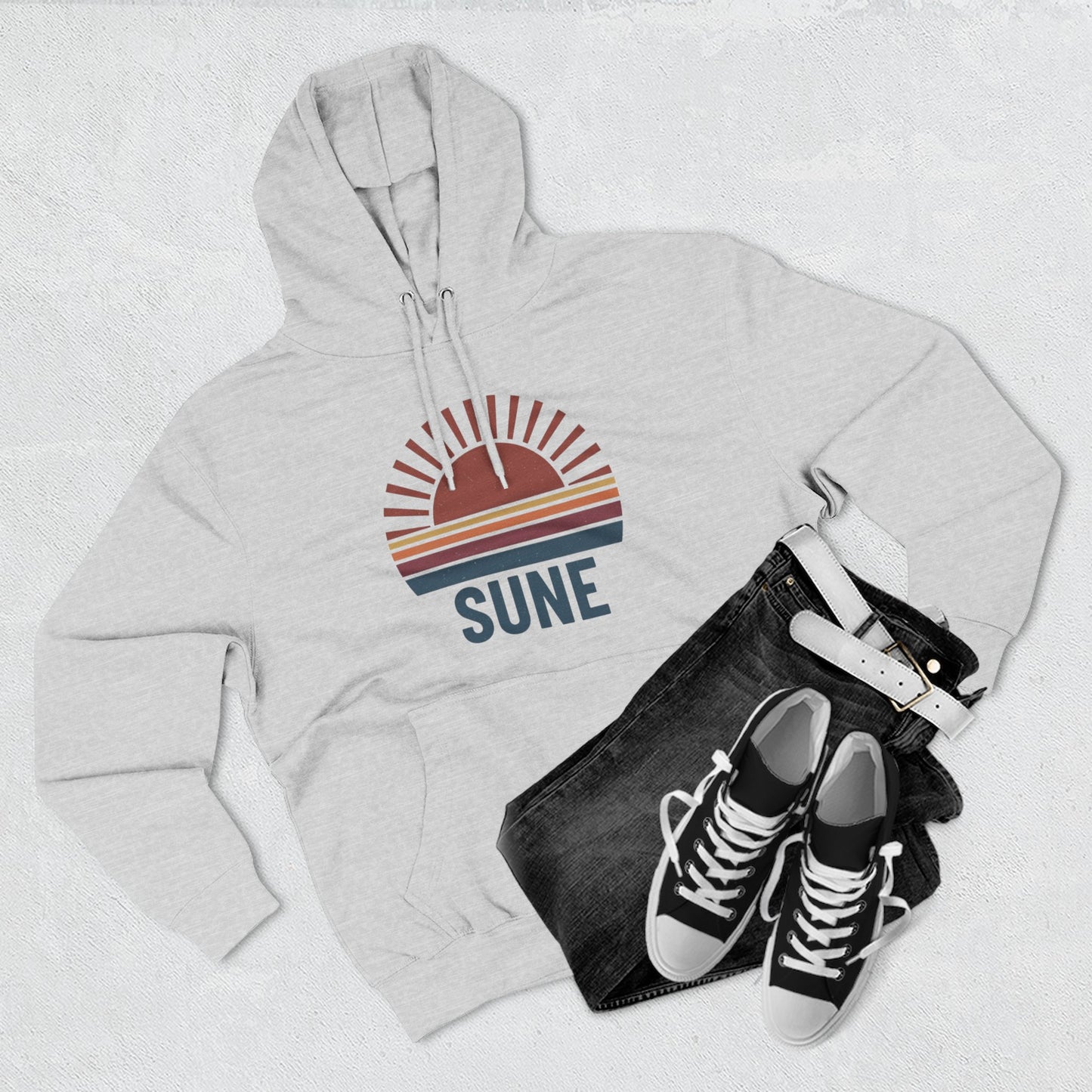 Retro Sunrise 'SUNE' Graphic Hoodie — Vintage Striped Sun Pullover