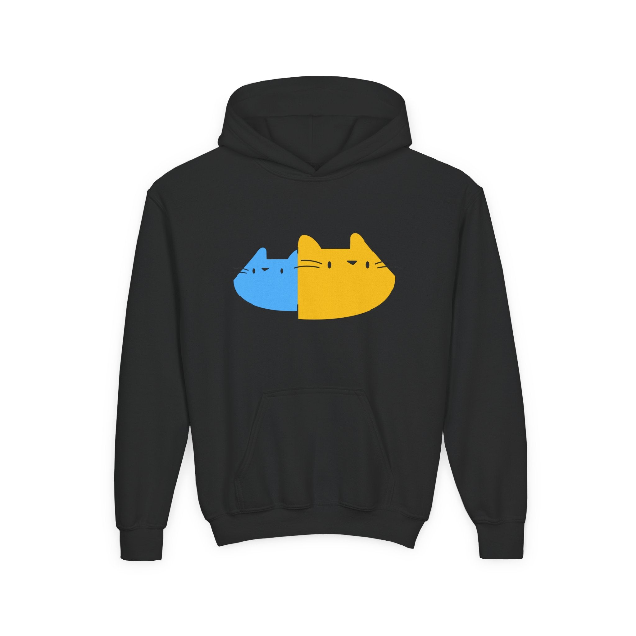 Youth Hoodie — Cute Half-Blue Half-Yellow Cat Graphic