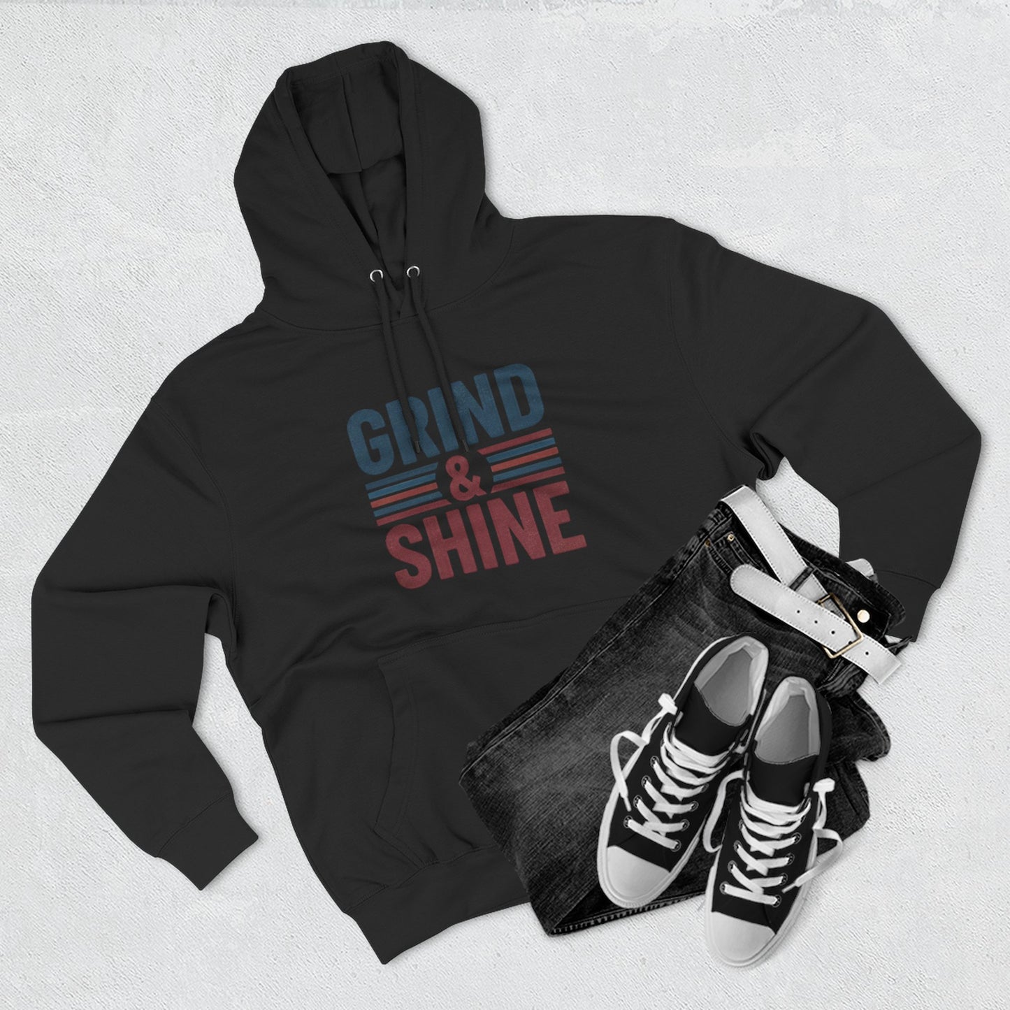 Grind & Shine Hoodie — Motivational Retro Striped Graphic Hoodie