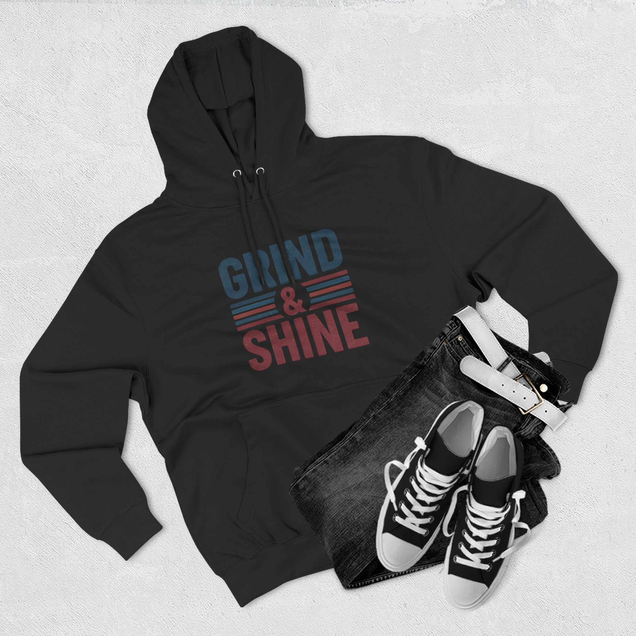 Grind & Shine Hoodie — Motivational Retro Striped Graphic Hoodie