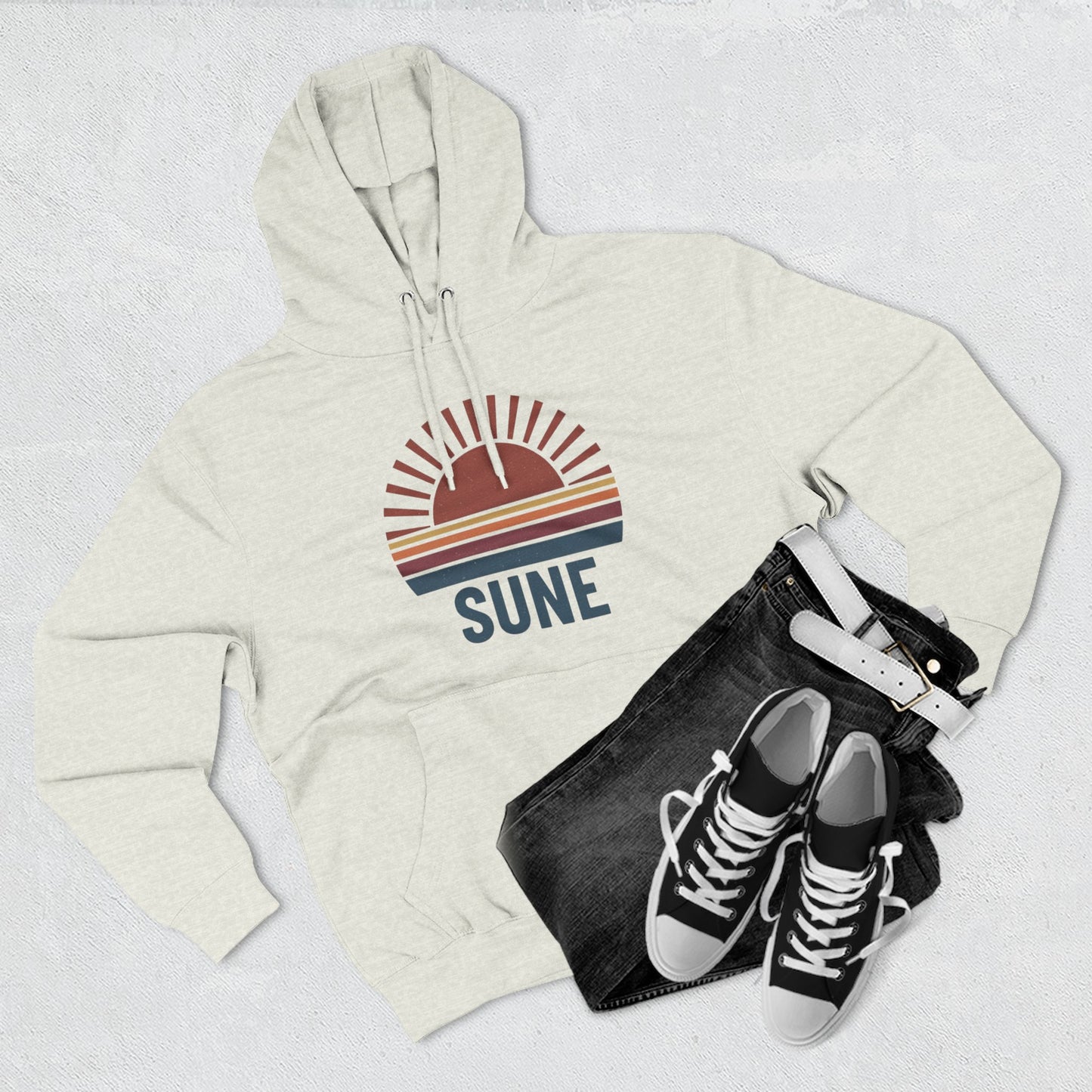 Retro Sunrise 'SUNE' Graphic Hoodie — Vintage Striped Sun Pullover