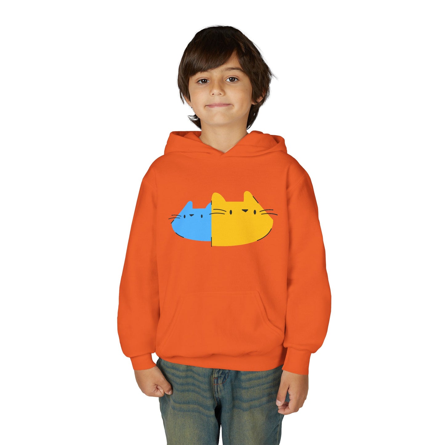 Youth Hoodie — Cute Half-Blue Half-Yellow Cat Graphic