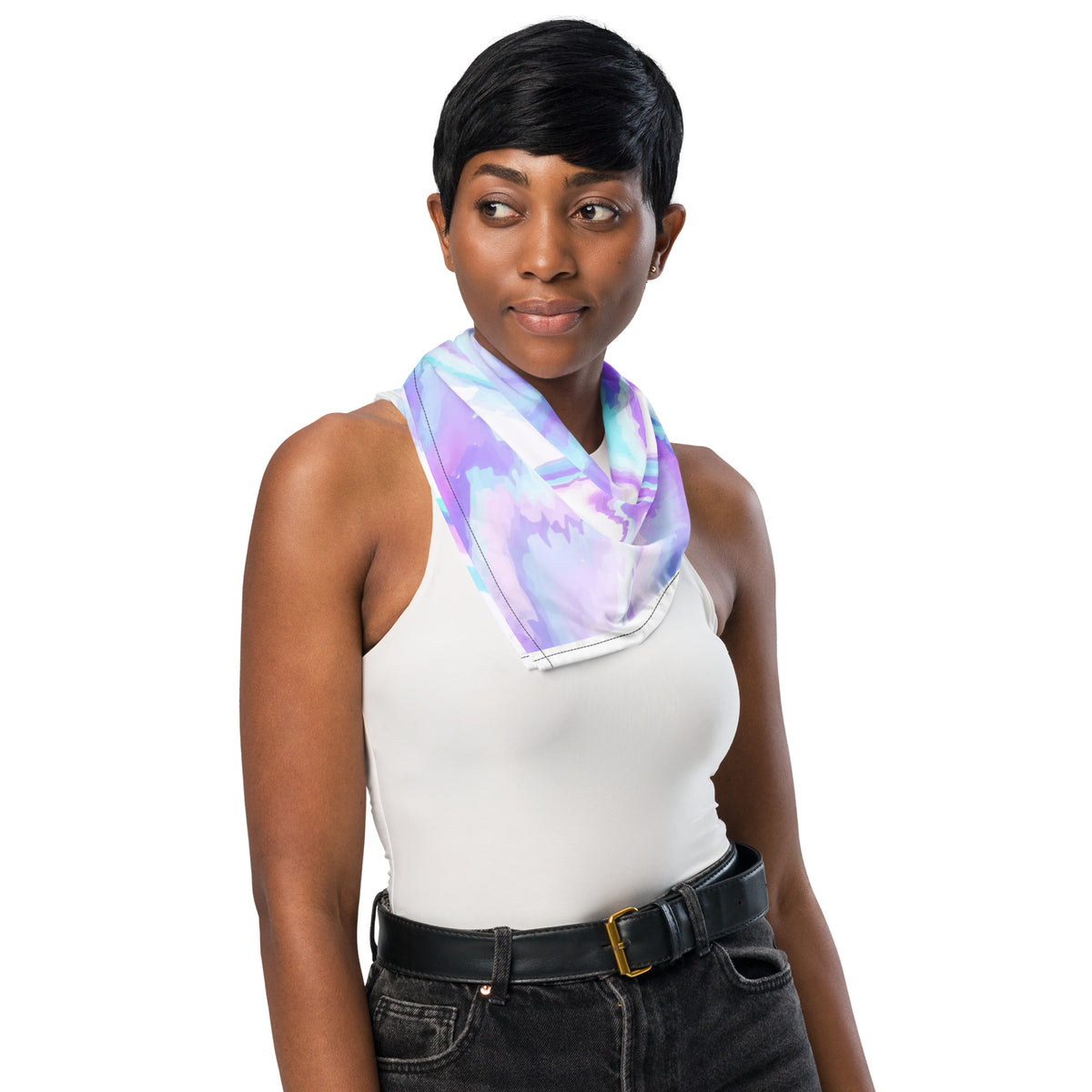 Woman wearing a colorful scarf on a white background