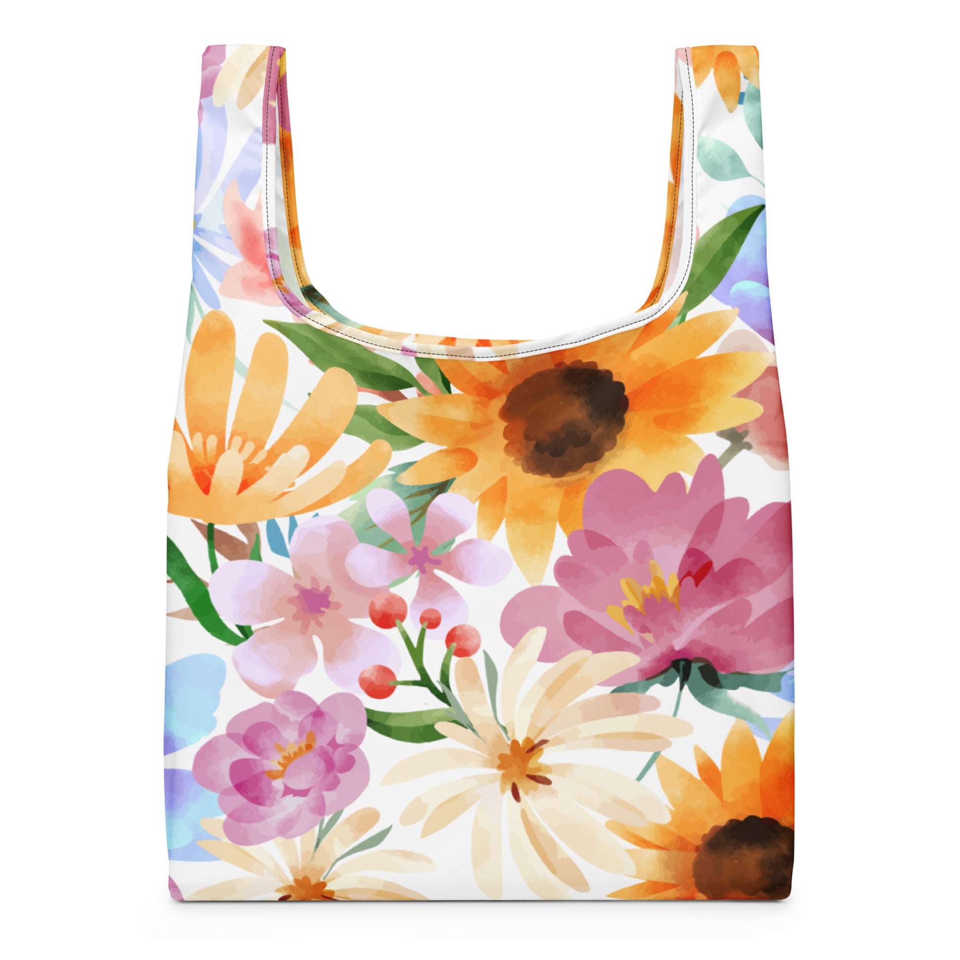 Vibrant watercolor floral reusable shopping bag with sunflowers and daisies