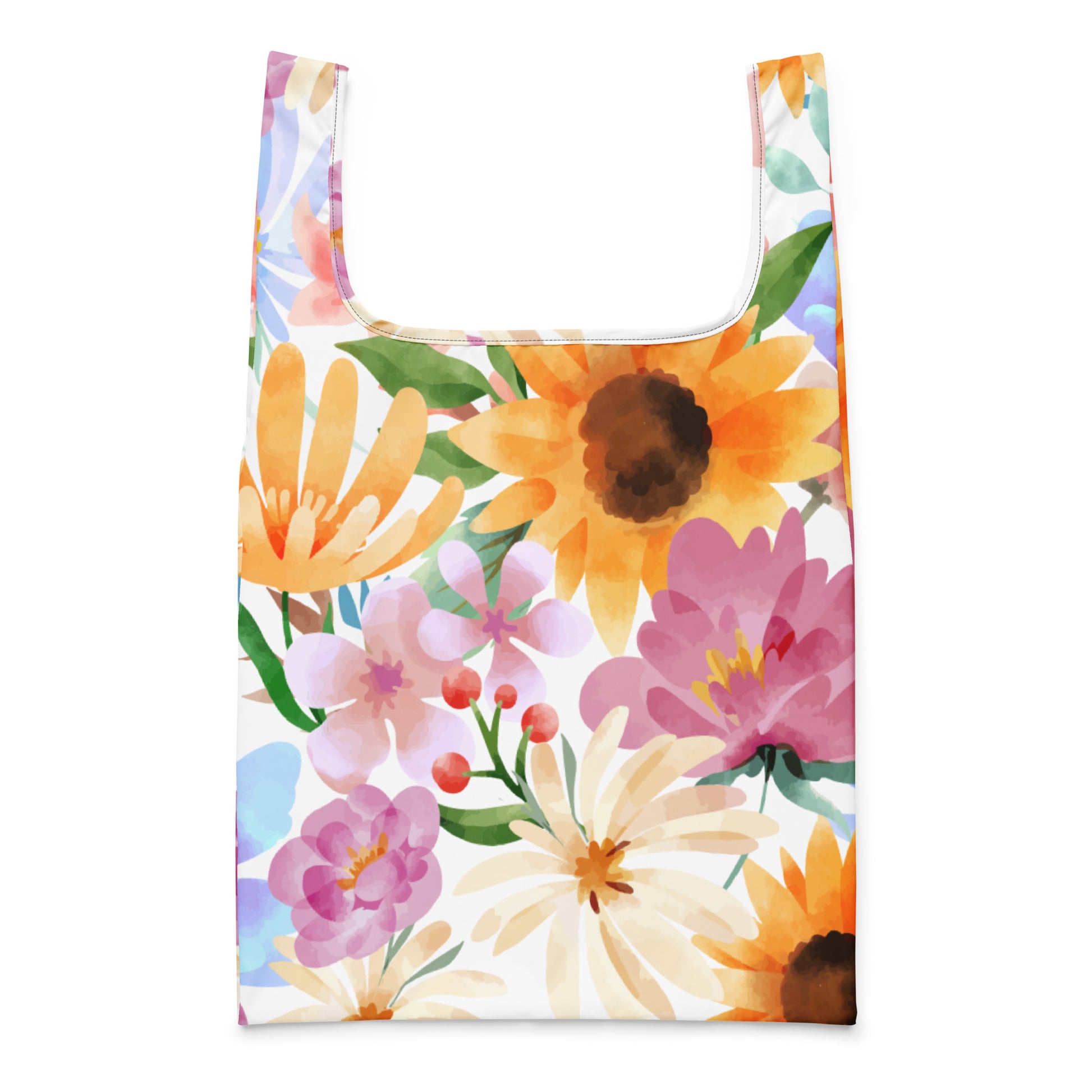 Vibrant watercolor sunflower shopping bag in yellow pink purple orange