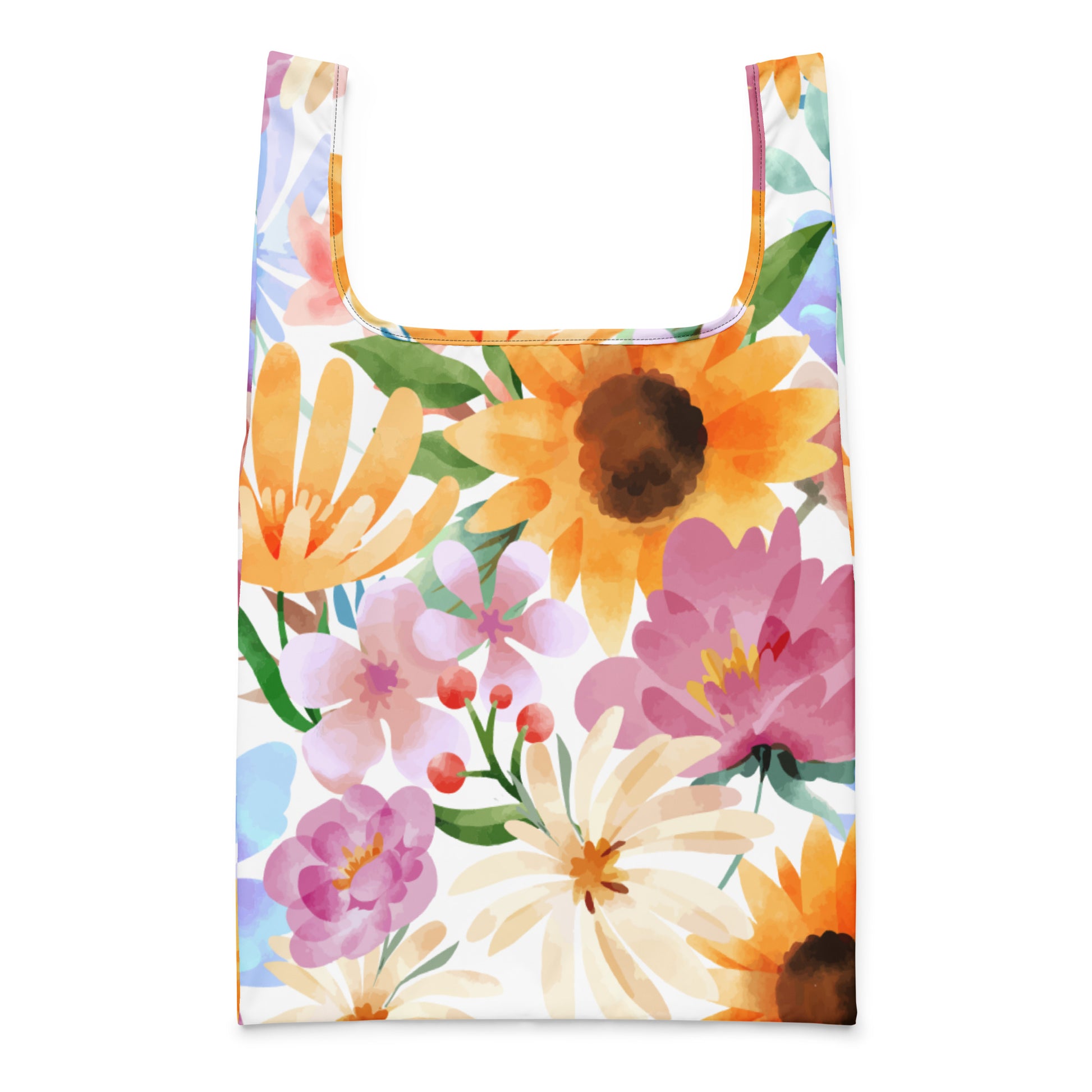 Vibrant watercolor sunflower floral shopping bag in orange pink purple yellow