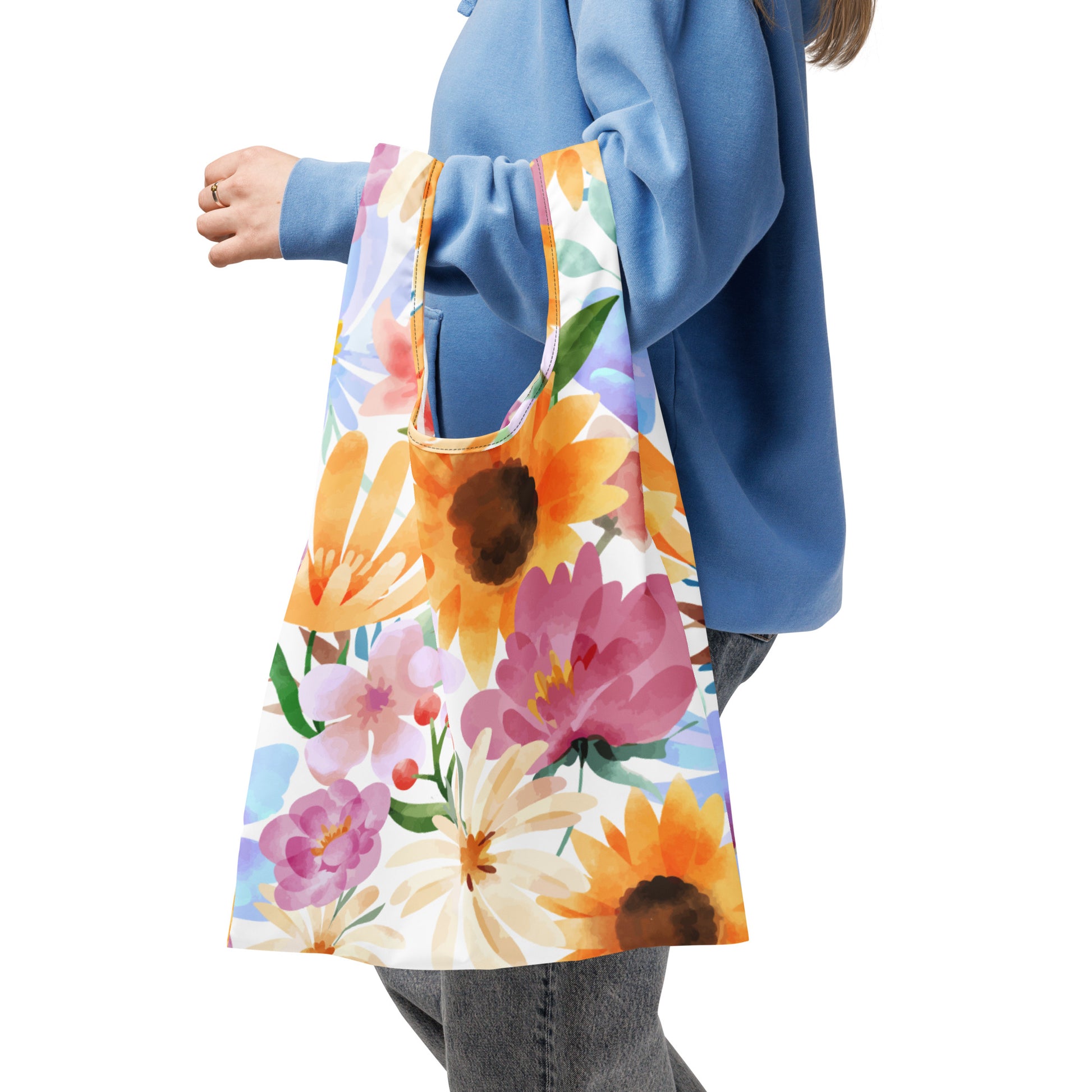 Vibrant sunflower shopping bag with watercolor floral pattern in orange pink purple white