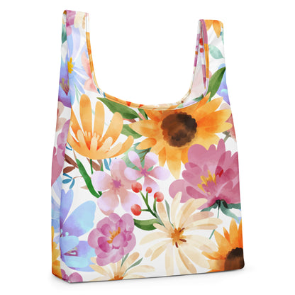 Vibrant sunflower daisy blossom watercolor reusable shopping bag