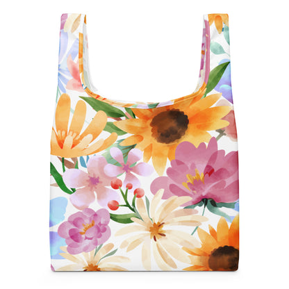 Vibrant watercolor sunflower floral reusable shopping bag on white background