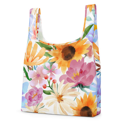 Vibrant watercolor sunflower and pink blossom shopping bag on white background