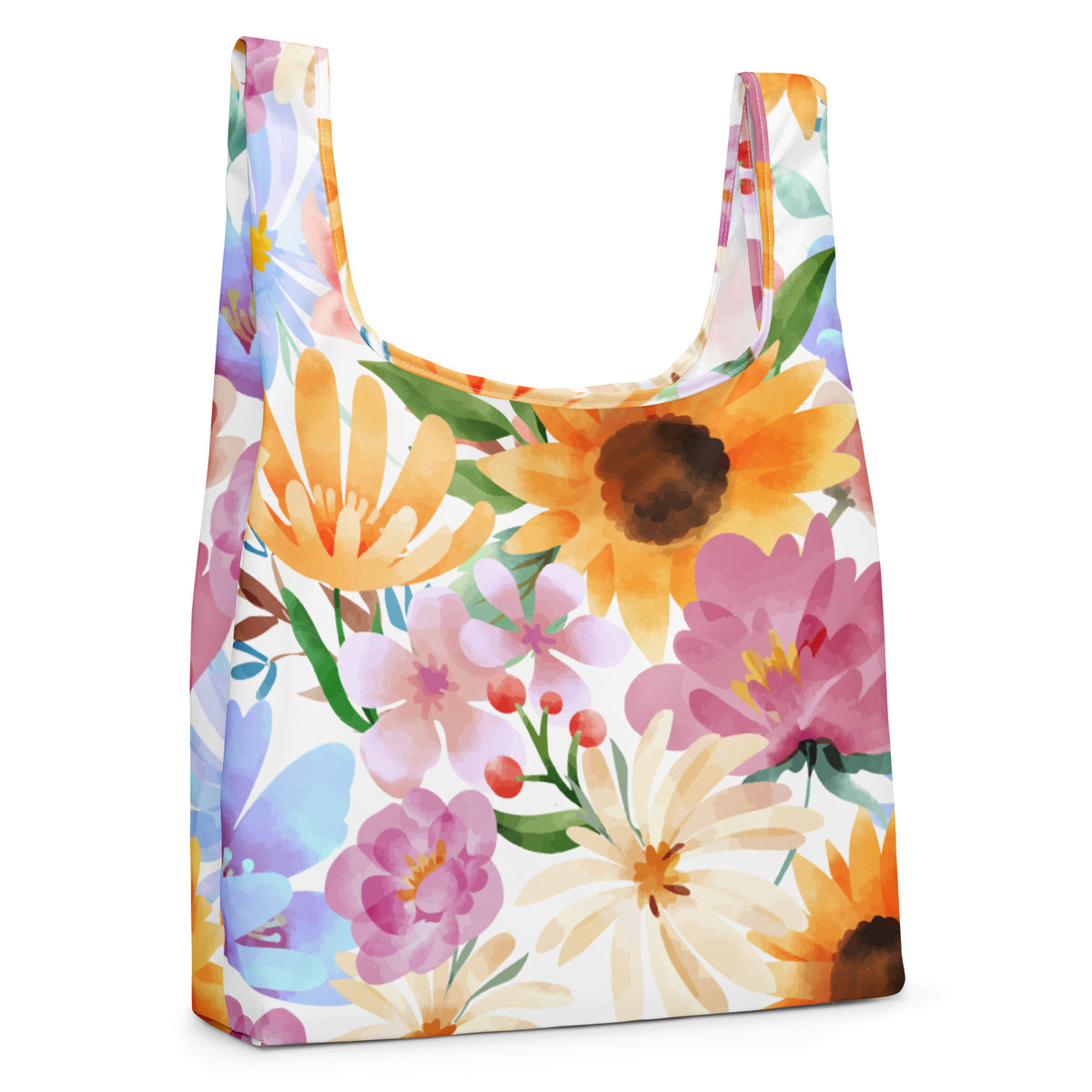 Vibrant watercolor floral reusable shopping bag with colorful blossoms