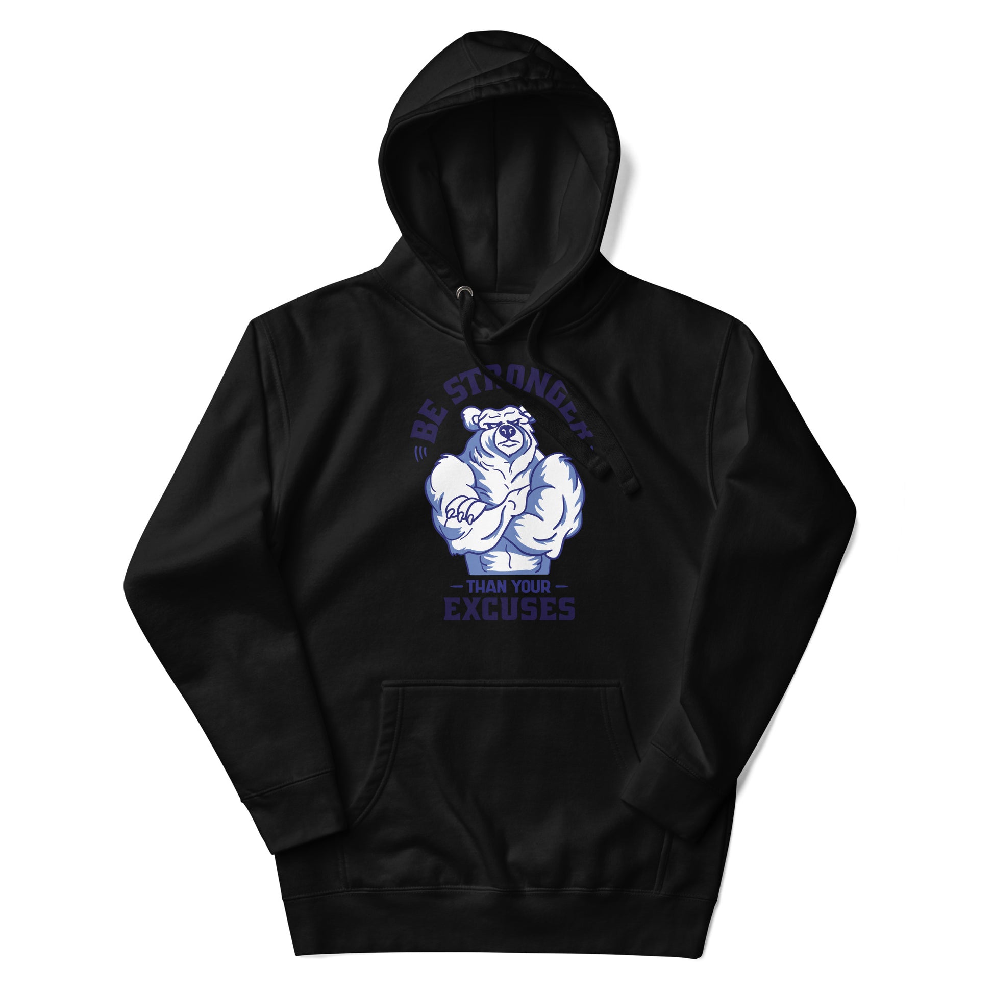 Black oversized hoodie with muscular bear and Be Stronger text