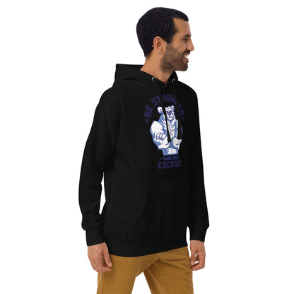 Black oversized hoodie with purple muscular bear graphic and Be Stronger text
