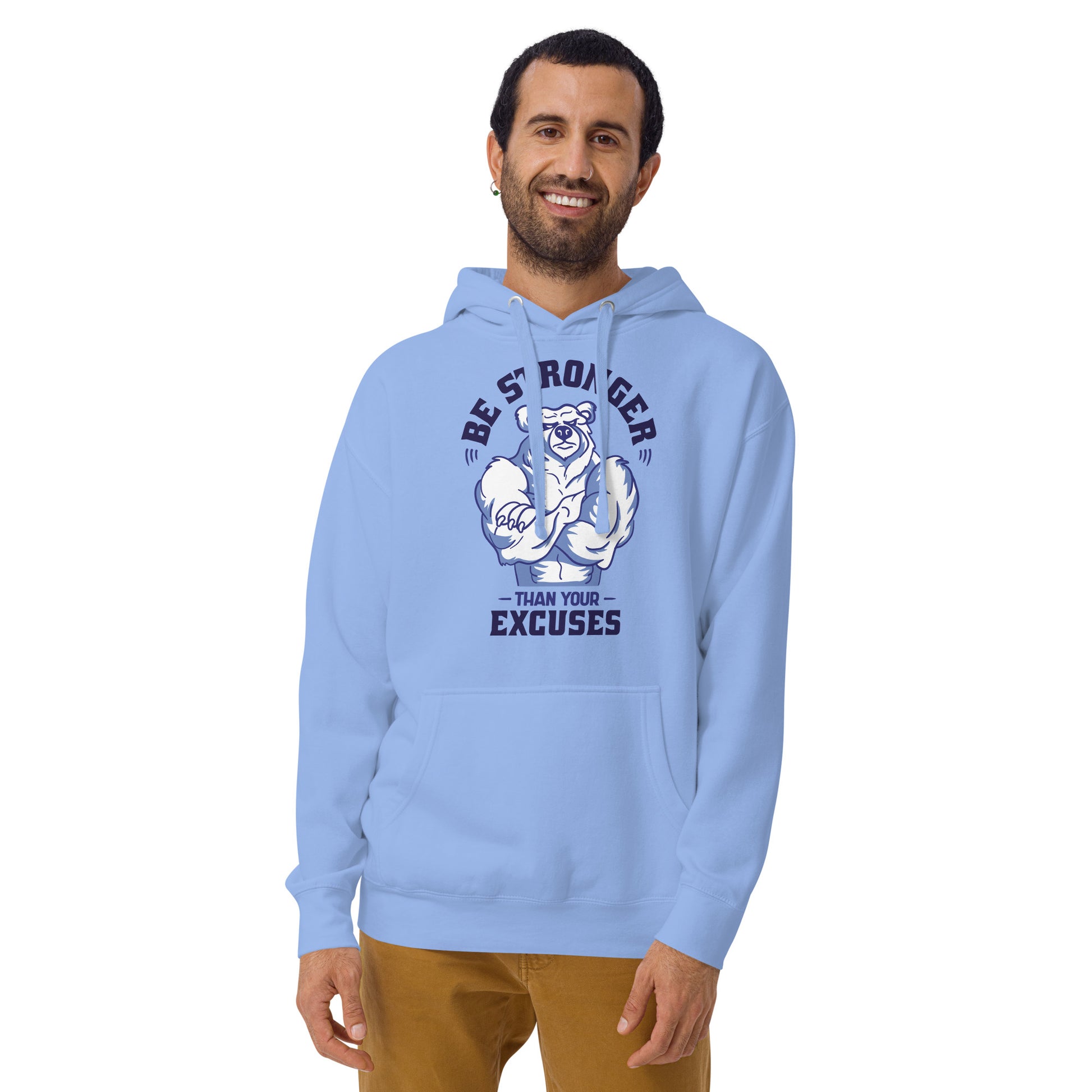 Light blue Be Stronger Oversized Hoodie with muscular bear graphic