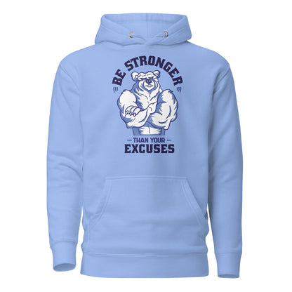 Be Stronger Oversized Hoodie: light blue hooded sweatshirt with muscular bear graphic and Be stronger than your excuses text