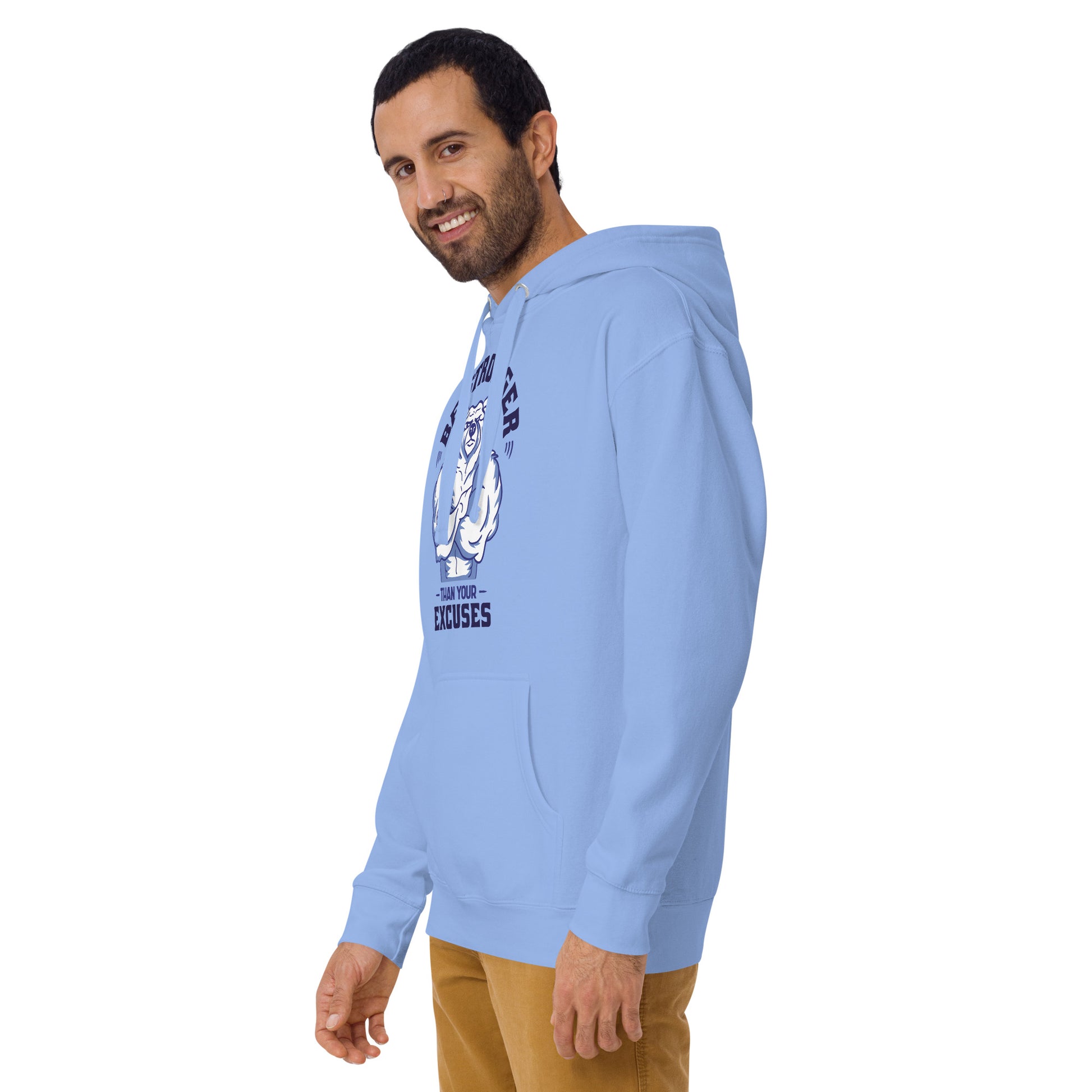 Light blue Be Stronger Oversized Hoodie with white polar bear and Team Your Excuses text