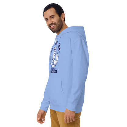 Light blue Be Stronger Oversized Hoodie with white polar bear and Team Your Excuses text