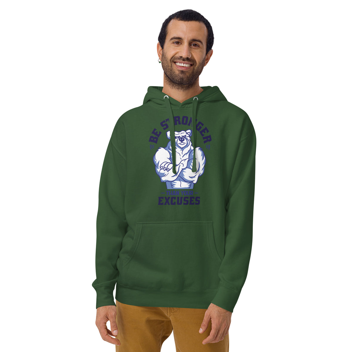 Dark green Be Stronger Oversized Hoodie with flexing bear graphic
